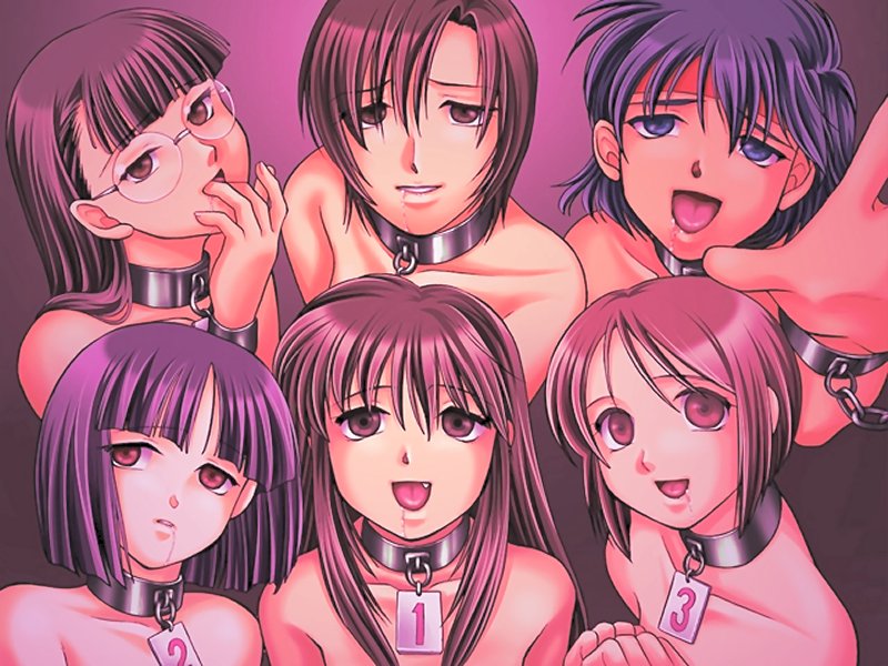 6+girls 6girls black_hair blue_eyes blue_hair brown_eyes brown_hair chain chained chained_wrists collar collar_tag cuffs empty_eyes female kanzaki_naoya long_hair looking_at_viewer megane multiple_girls nude nude_female number_tag open_mouth ryoujoku_kikou