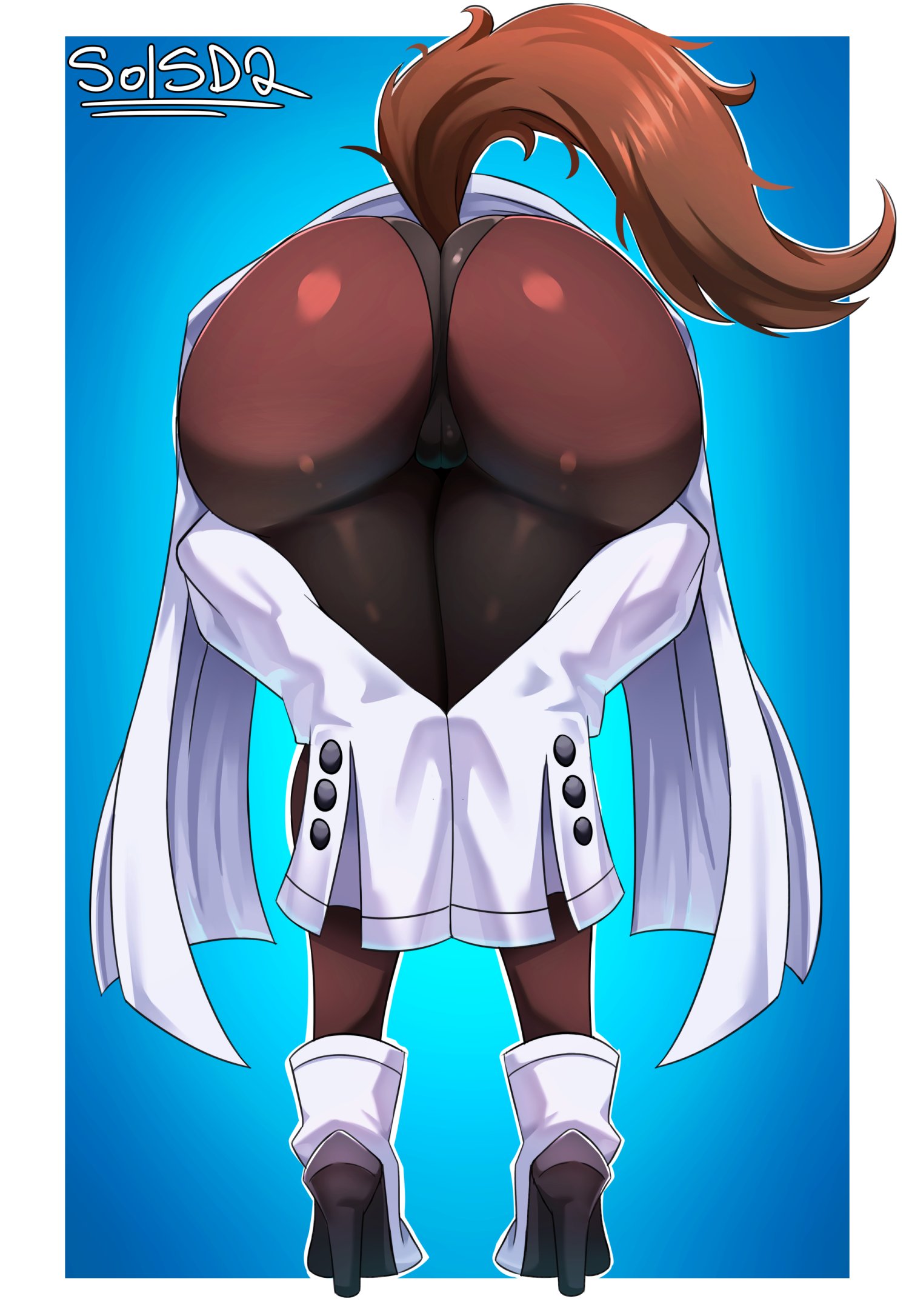 1girl, agnes tachyon (umamusume), artist name, ass, ass focus, bent over, blue background, bubble butt, cameltoe, female, female only, from behind, hands together, high heel boots, high heels, horse tail, huge ass, labcoat, pantyhose, pov ass, praise da booty (meme), signature, sol-sama d2, solo, thick thighs, thighs, trefoil, umamusume, umamusume pretty derby
