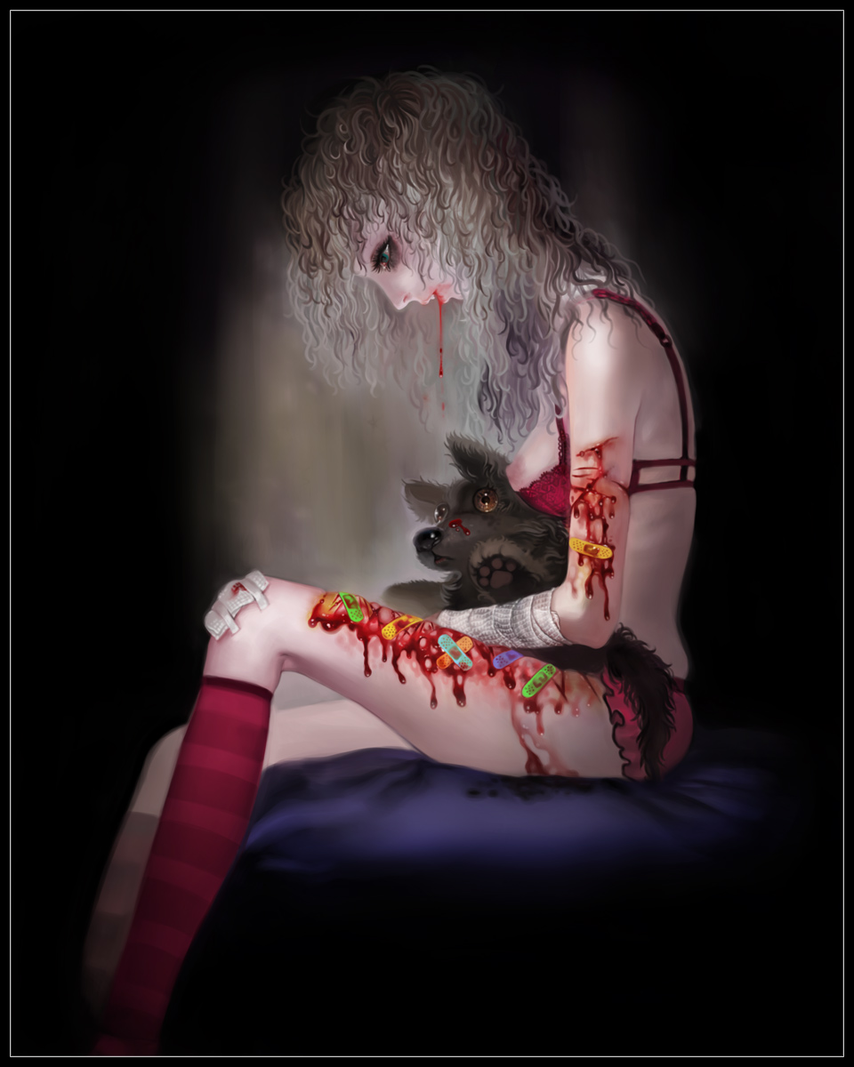bandaid blood bra breasts canine cuts gore nipples nonsexual_nudity panties socks tagme yukaman