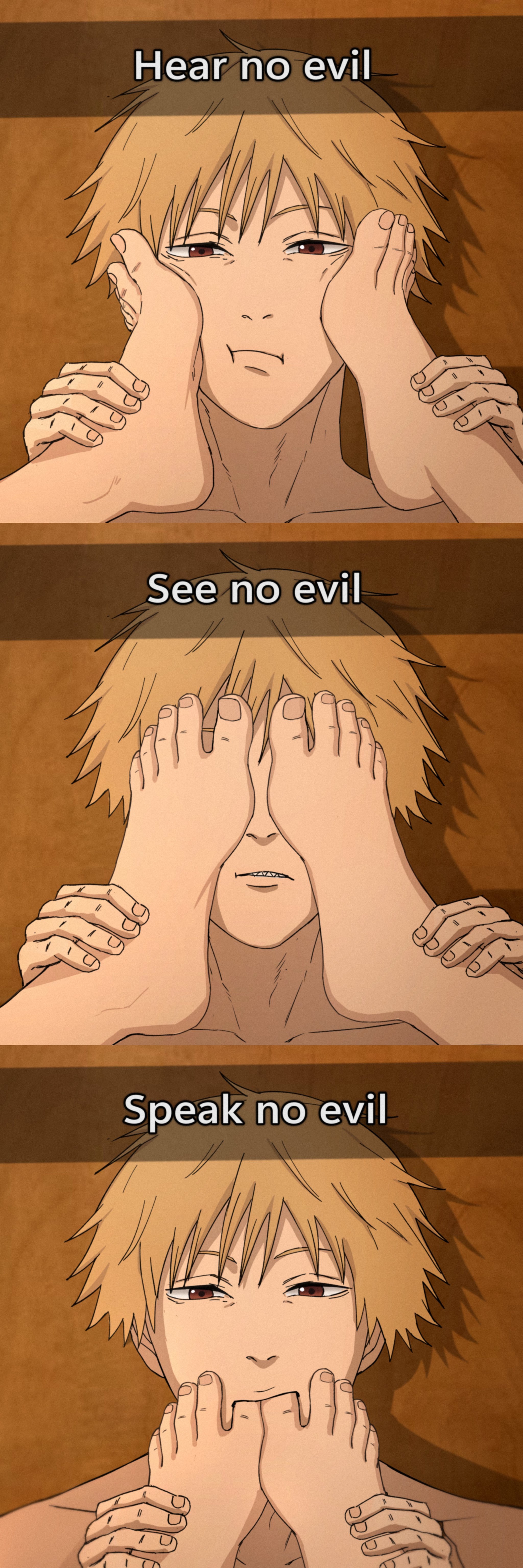 1girl1boy, absurdres, barefoot, chainsaw man, clumsybun, clumsybun0, cute female feet, denji (chainsaw man), edit, feet, feet on face, foot fetish, foot fetish validation, foot focus, foot grab, foot lick, foot play, foot worship, funny, hear no evil, highres, looking at viewer, power (chainsaw man), presenting feet, see no evil, showing feet, speak no evil, sucking toes, tasty feet, timruya, toe lick, toe sucking, toes, toes on mouth, unamused