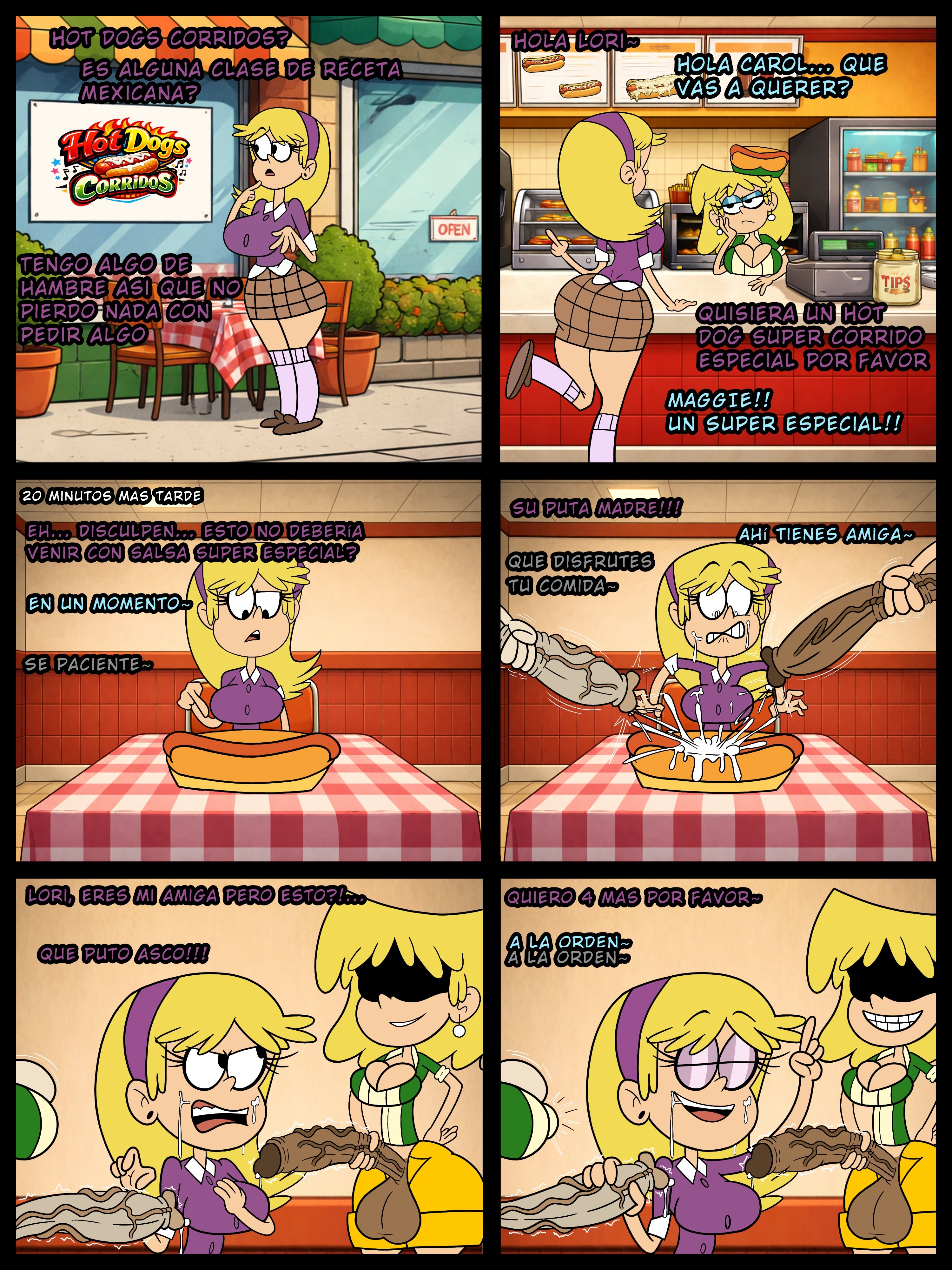 1girl, 2futas, big ass, big balls, big breasts, big penis, big thighs, carol pingrey, comic, cum in face, cum in food, cum sauce, cumshot, dialogue, futanari, grabbing own penis, grabbing penis, hot dog, lori loud, maggie (the loud house), neckline, penis out, penis out of shorts, restaurant, sausage, self upload, spanish text, spanish translation, the loud house, uniform, veiny penis, xsherlock420 (artist)