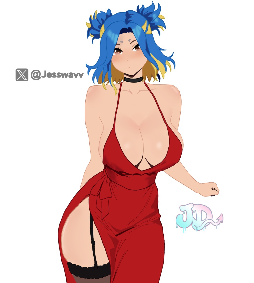 big boobs, big breasts, big butt, blue hair, brown eyes, digital drawing (artwork), digital media (artwork), dress, jessdraws, neon (valorant), red dress, valorant