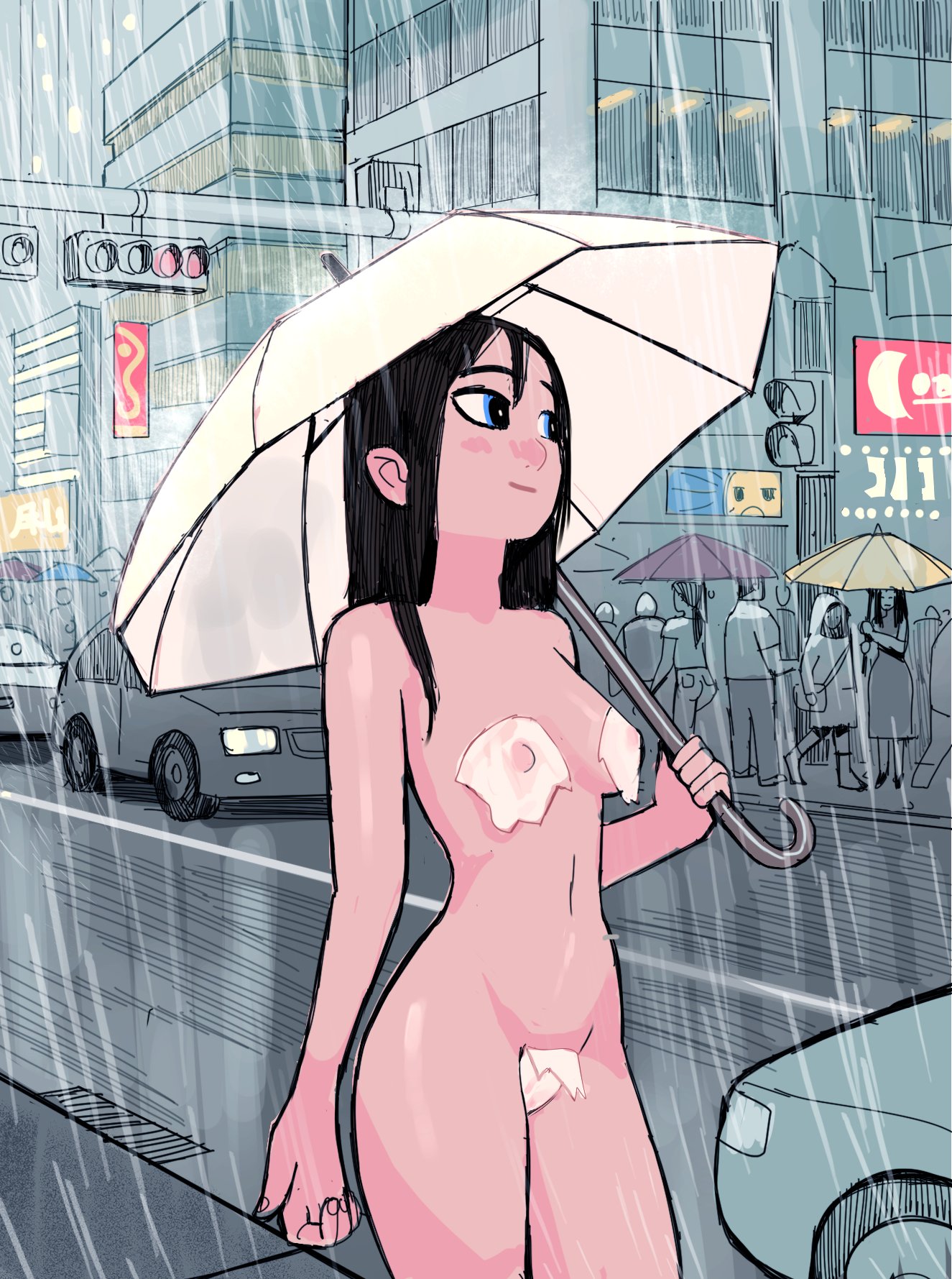 1girls, art therapist, breasts, casual nudity, female, nude, pervertfuel, public nudity, rain, tagme, tissues