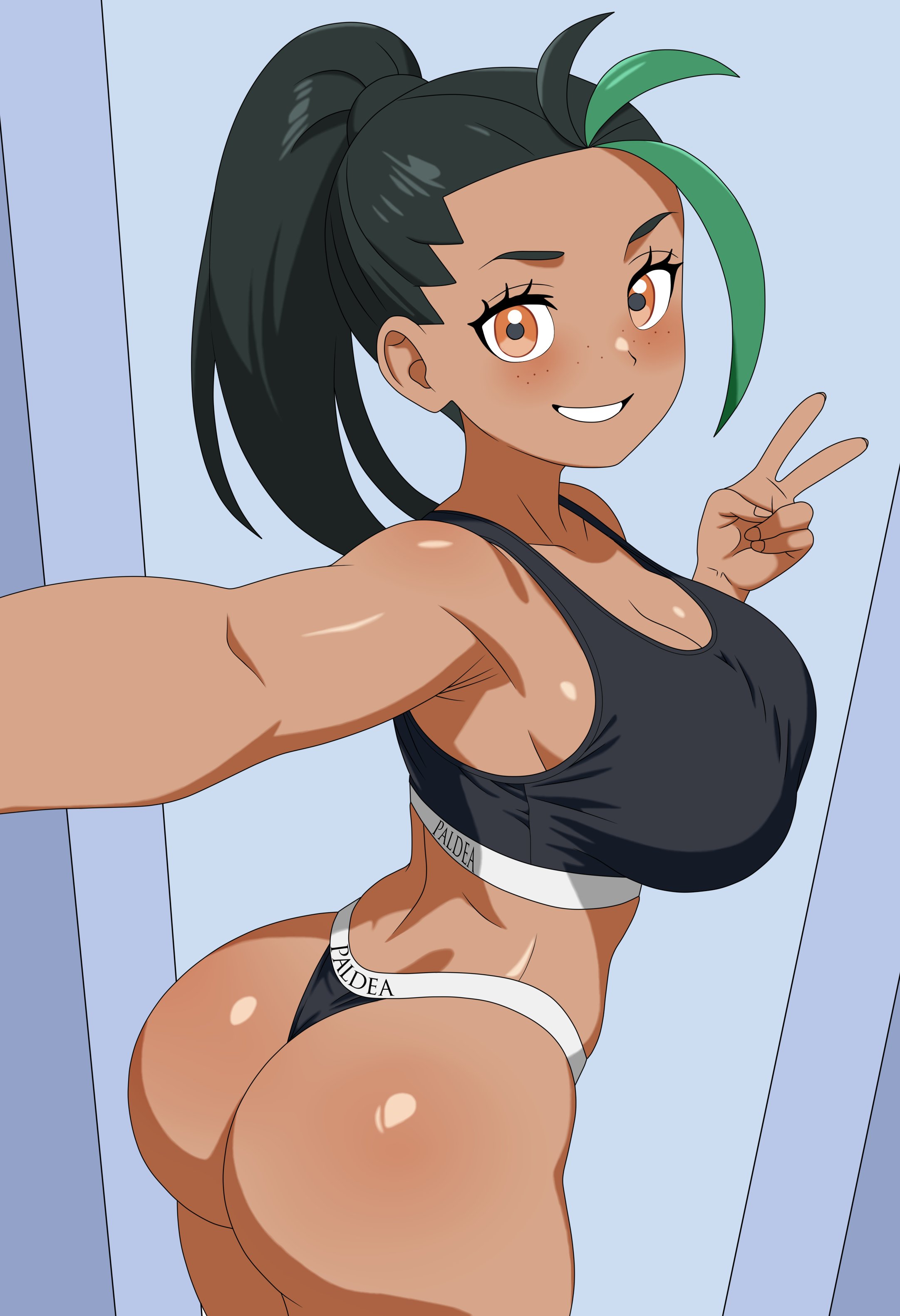1girls, ass, big ass, big breasts, black hair, bottomwear, breasts, dat ass, female, female only, freckles, freckles on face, game freak, green highlights, hair, nemona (pokemon), orange eyes, peace sign, pokemon, pokemon sv, ponytail, pose, posing, smile, solo, solo female, sports bikini, sports bra, sports uniform, sportswear, text on clothing, tied hair, topwear, tsubasadraw