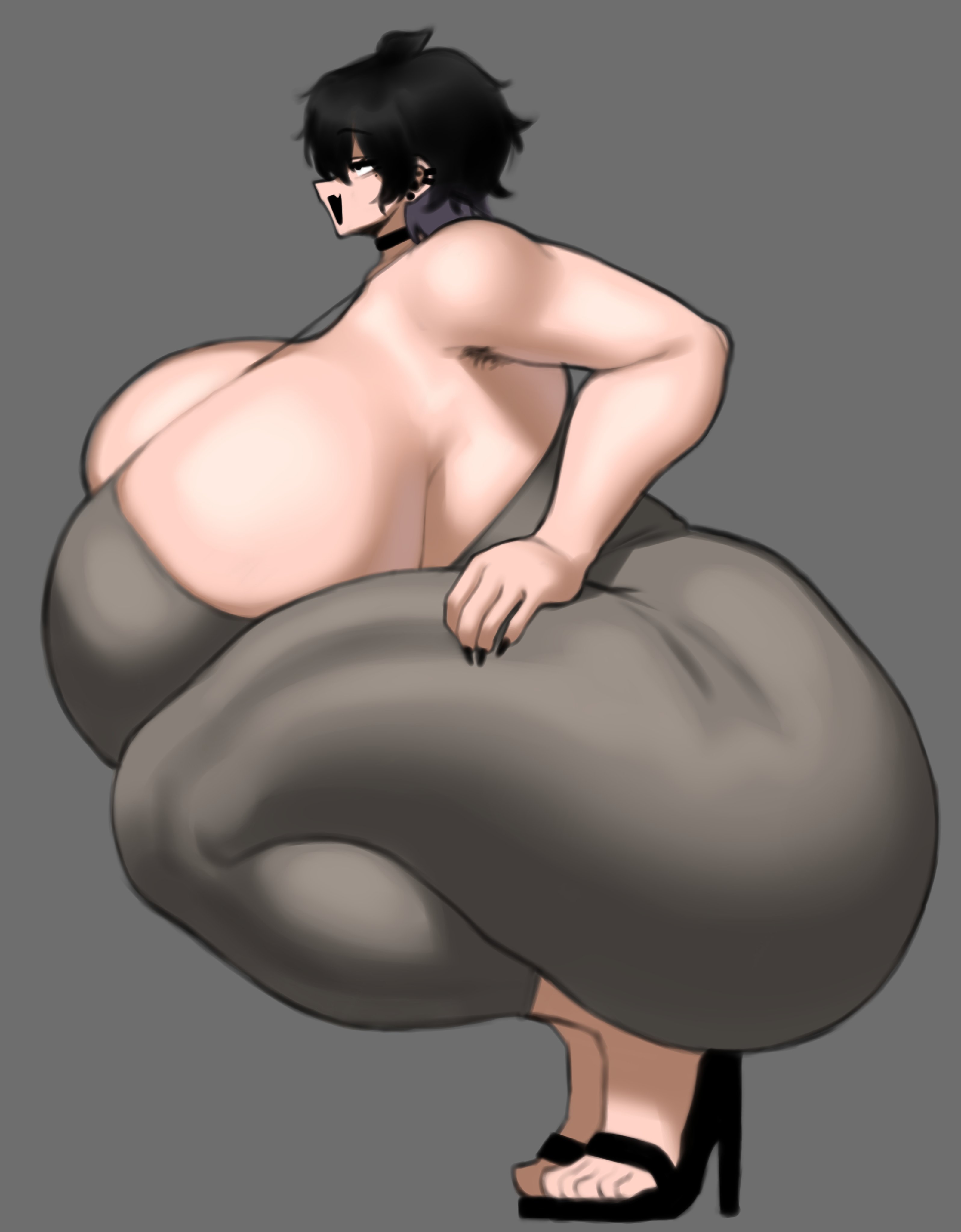 1girls, choker, ear piercing, feet, female, heels, huge ass, huge breasts, magnolia (mctamagomaki), mctamagomaki, multicolored hair, short hair, solo, squatting, toes