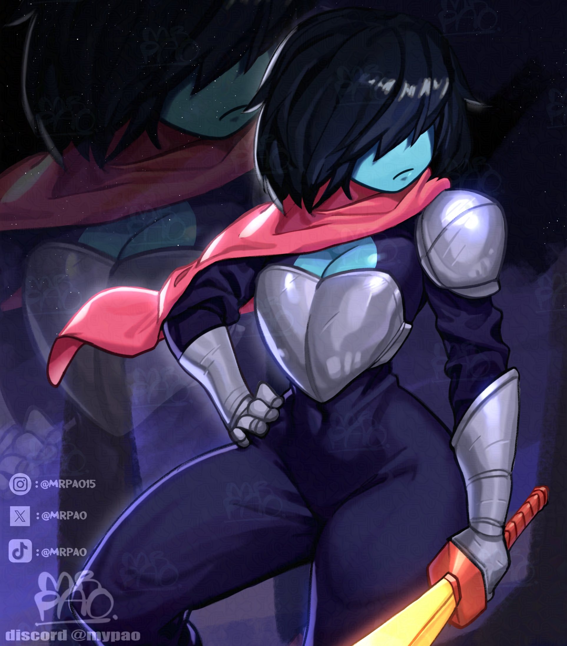 1girls, 1nonbinary, 2025, armor, big breasts, black bodysuit, black hair, blue body, blue skin, bodysuit, breastplate, breasts, cape, cleavage, cleavage cutout, clothed, clothing, clothing cutout, colored skin, curvy, curvy female, deltarune, discord username, female, female only, gauntlets, hair, hair between eyes, hair over eyes, hi res, holding, holding object, holding sword, holding weapon, human, instagram username, kris (dark world form), kris (deltarune), kris dreemurr, kris female (deltarune), left-handed, melee weapon, mrpao, navel, red cape, reupload, short hair, signature, skin tight, star (sky), sword, thick thighs, thighs, tight clothing, tiktok username, transparent background, twitter link, twitter username, undertale (series), utdr (toby fox), watermark, weapon