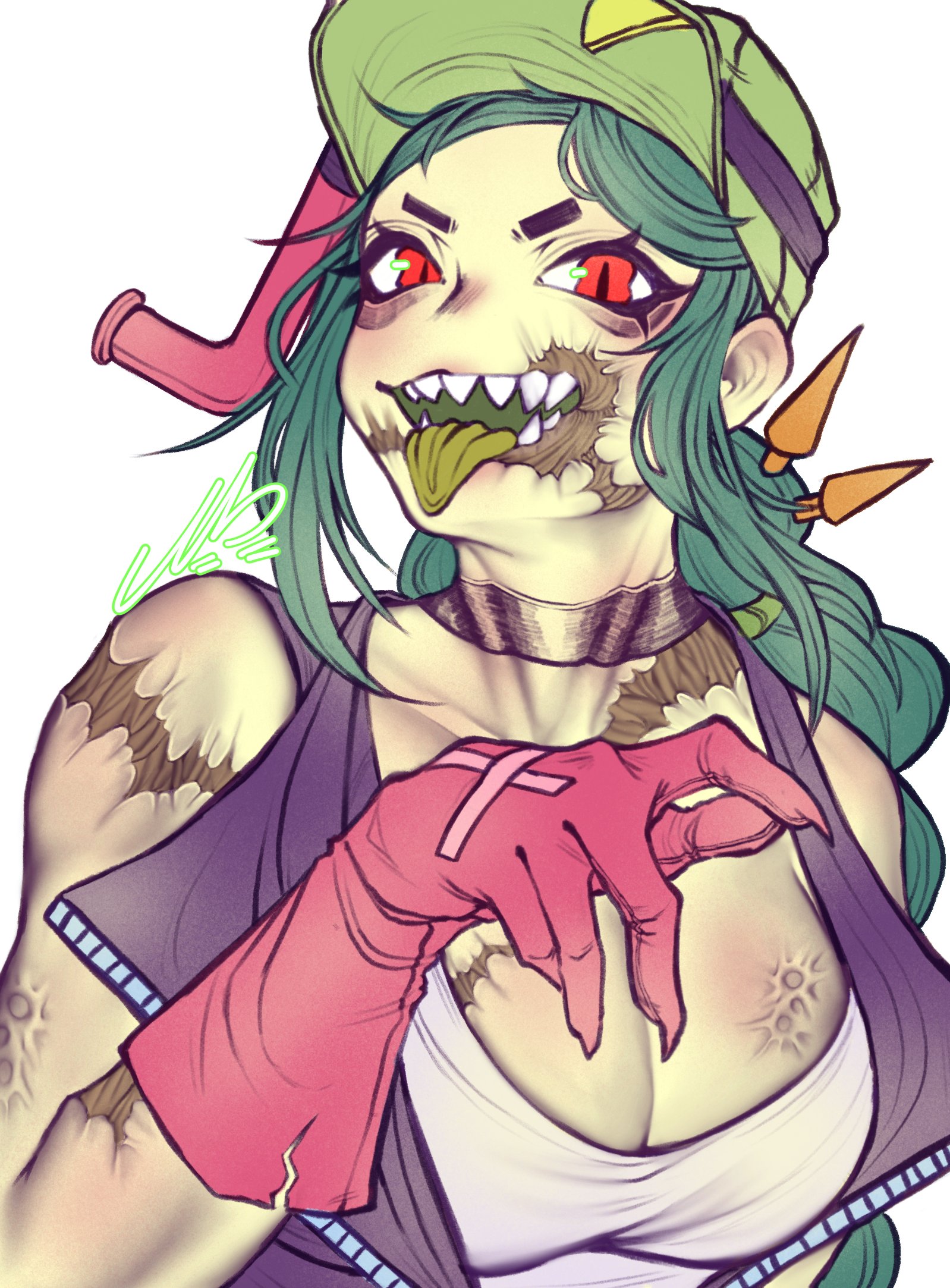 alli (brawl stars), brawl stars, breasts, choker, cleavage, gloves, green body, green hair, green skin, headgear, jumpsuit, long hair, looking at viewer, north string, open clothes, red eyes, safe, scar, scars, sharp teeth, tagme, tank top, tied hair, tongue, tongue out