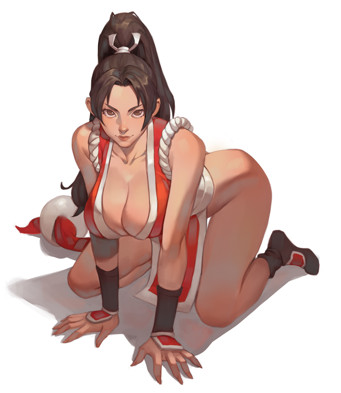 ass, breast squeeze, breasts between arms, fatal fury, hanging breasts, large breasts, leaning forward, mai shiranui, on floor
