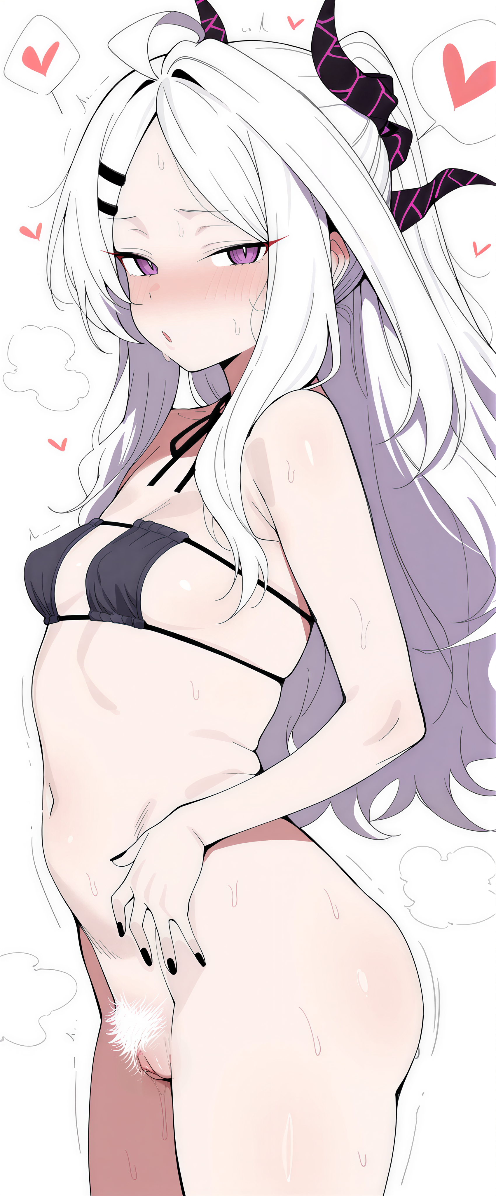 :o, 1girl, absurdres, ahoge, ai, ai generated, ass, black horns, black nails, black ribbon, blue archive, bottomless, clitoris, demon girl, demon horns, excessive pubic hair, eyepatch bikini, female pubic hair, fingernails, forehead, hairclip, hand on own hip, heart, highres, hina (blue archive), legs apart, looking at viewer, midriff, motion lines, multiple horns, nail polish, navel, neck ribbon, no panties, nose blush, parted bangs, purple eyes, pussy, sidelocks, simple background, slit pupils, small breasts, spoken heart, standing, steam, steam from mouth, steaming body, sweat, sweatdrop, thighs, very long hair, very sweaty, white background, white hair