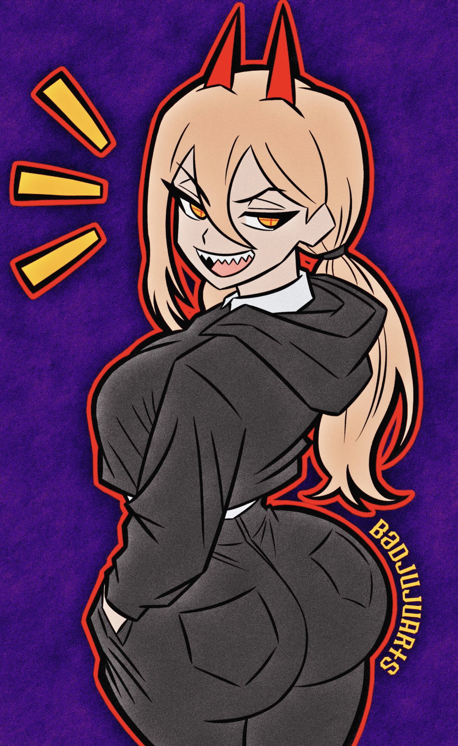 1girl, 1girls, ass, ass focus, badjujuarts, big ass, big boobs, big breasts, big butt, big thighs, black legwear, breasts, bubble butt, chainsaw man, dat ass, female, female focus, female only, hands in pockets, hourglass figure, jeans, looking back, power (chainsaw man), presenting hindquarters, seductive smile, slim waist, solo, solo focus, thicc