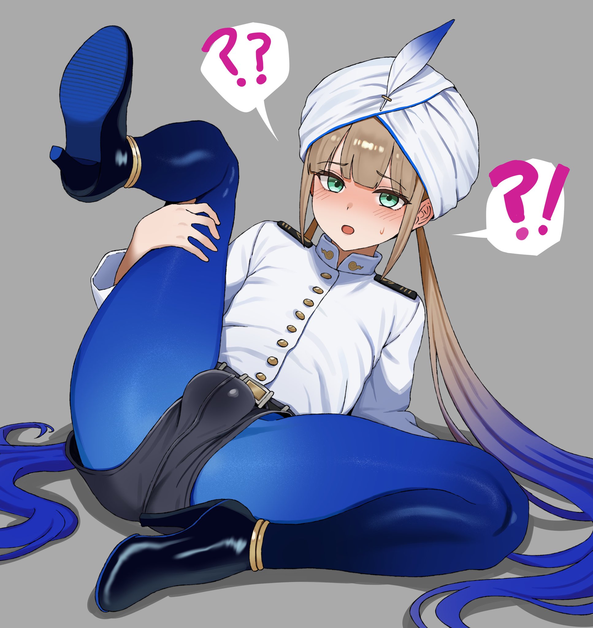 1boy, belt, blue eyes, blue hair, blush, bulge, fate (series), fate/grand order, femboy, femboy focus, front view, girly, gray hair, hat, high heels, human, light skin, light-skinned femboy, light-skinned male, long hair, looking at viewer, male, male focus, male only, multicolored hair, nemo (fate), shiny, shiny skin, simple background, sitting, solo, sweat, text, tied hair, trap, twintails, vein, very long hair, zanegoodell
