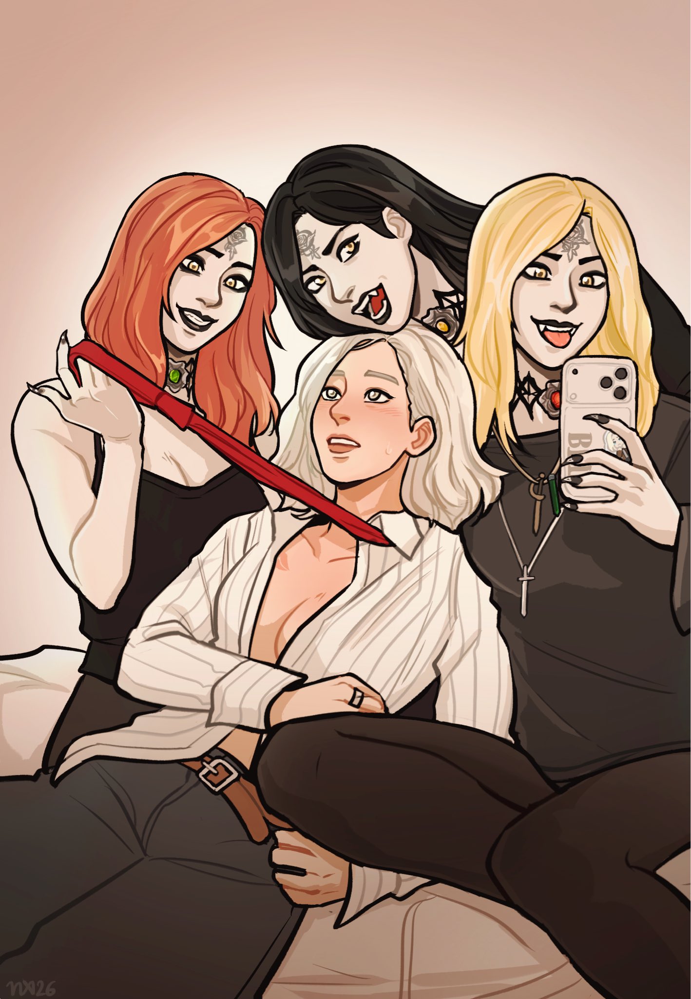 4girls, 5girls, bela (resident evil), black hair, blonde hair, cassandra (resident evil), daniela (resident evil), grace ashcroft, interspecies, red hair, resident evil, resident evil 8: village, resident evil 9: requiem, yuri