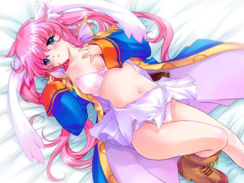 1girls animal_ears bed blue_eyes blush boots bra captain_vanilla empty_eyes galzoo_island game_cg lingerie long_hair long_sleeves lying midriff min-naraken miniskirt on_back open_clothes open_shirt panties pink_hair rabbit_ears shirt skirt solo twintails underwear white_bra white_panties