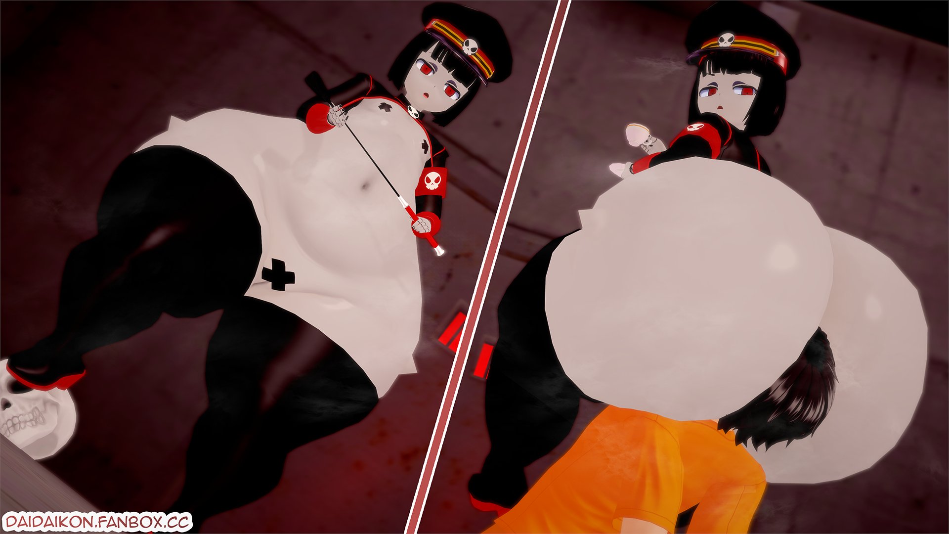 1boy, ass, big ass, black hair, daidaikon, facesitting, female, looking back, red eyes, robot, robot commander (bingbingzi), robot girl