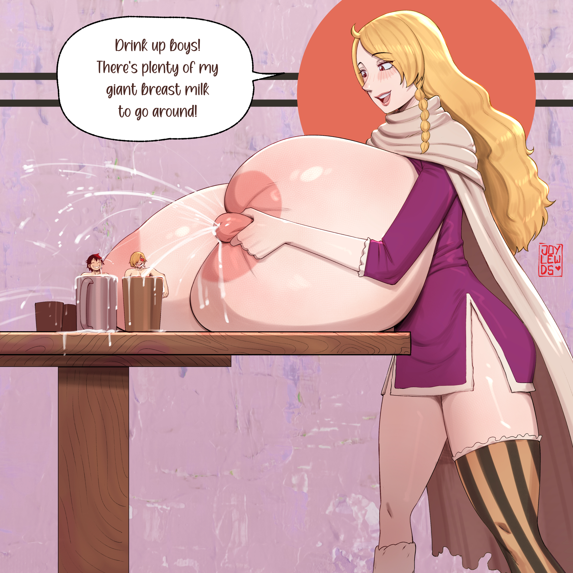 1girl, 1girl2boys, blonde female, blonde hair, blush, blushing female, english text, enormous breasts, enormous nipples, female, filling cup, gerd (one piece), giant areolae, giantess, gigantic breasts, joylewds, lactating, lactation, large areolae, leaking milk, long hair, male, milk, milk squirt, milking breasts, milking self, monkey d luffy, one piece, open mouth, vinsmoke sanji