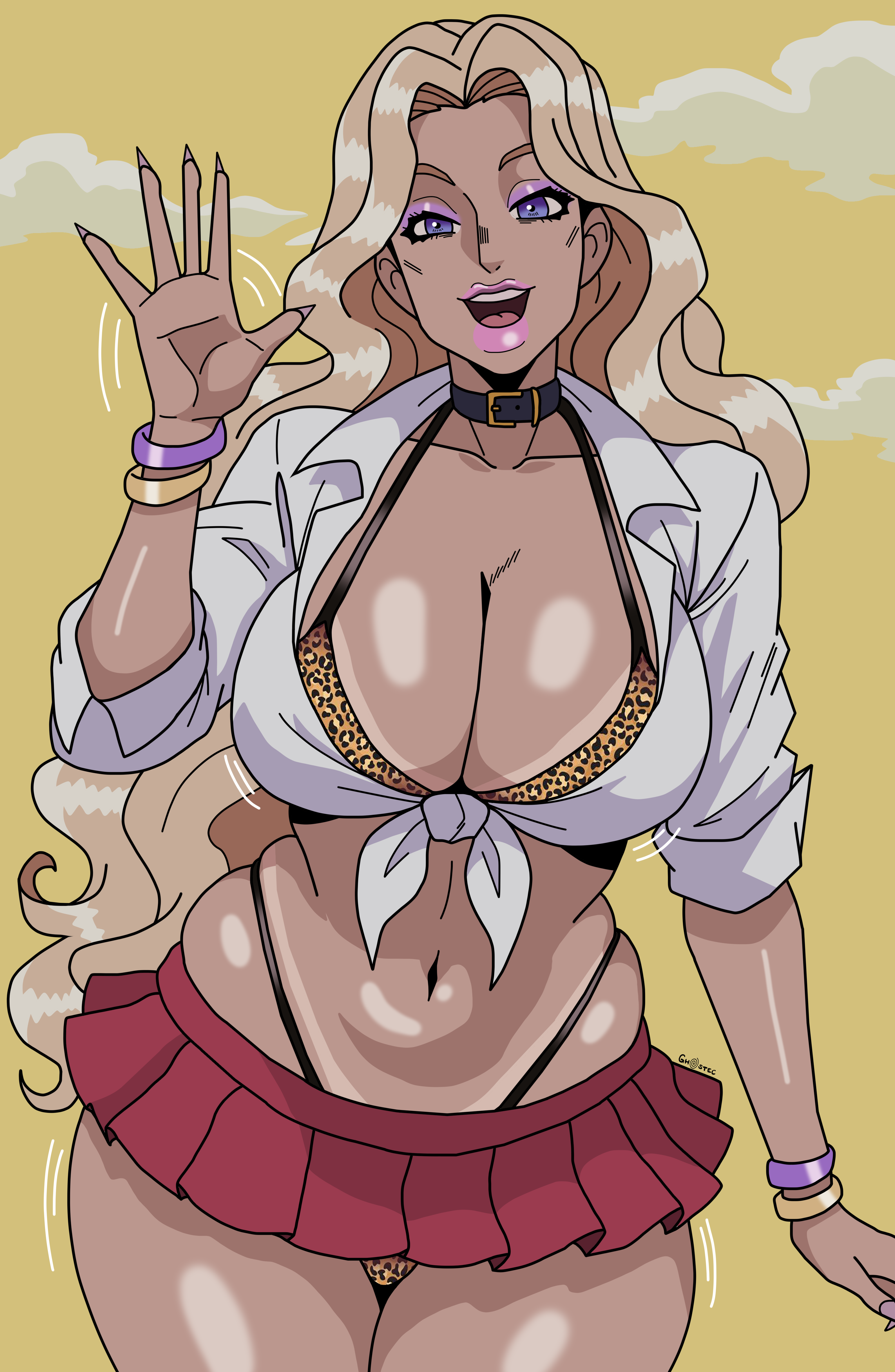 1girls, absurd res, big lips, bikini, bimbo, bimbofication, blonde, blonde female, blonde hair, blonde-haired female, bracelets, breasts, clouds, collar, collarbone, collared shirt, dark-skinned female, diamond is unbreakable, female, female only, front view, gh0stec, ghostec, gyaru, gyaru gal, gyarufication, happy, hi res, huge ass, jojo's bizarre adventure, large breasts, leopard print, leopard print bikini, lips, lipstick, long hair, long nails, looking at viewer, midriff, midriff baring shirt, navel, open mouth, panties, pink lips, pink lipstick, pink nails, purple eyes, red skirt, sharp nails, sky background, smile, solo, tan body, tan skin, tanned, tanned skin, thick thighs, thong bikini, tied shirt, upper teeth, waving, waving at viewer, wavy hair, white shirt, yamagishi yukako, yellow background, yellow sky, yukako yamagishi