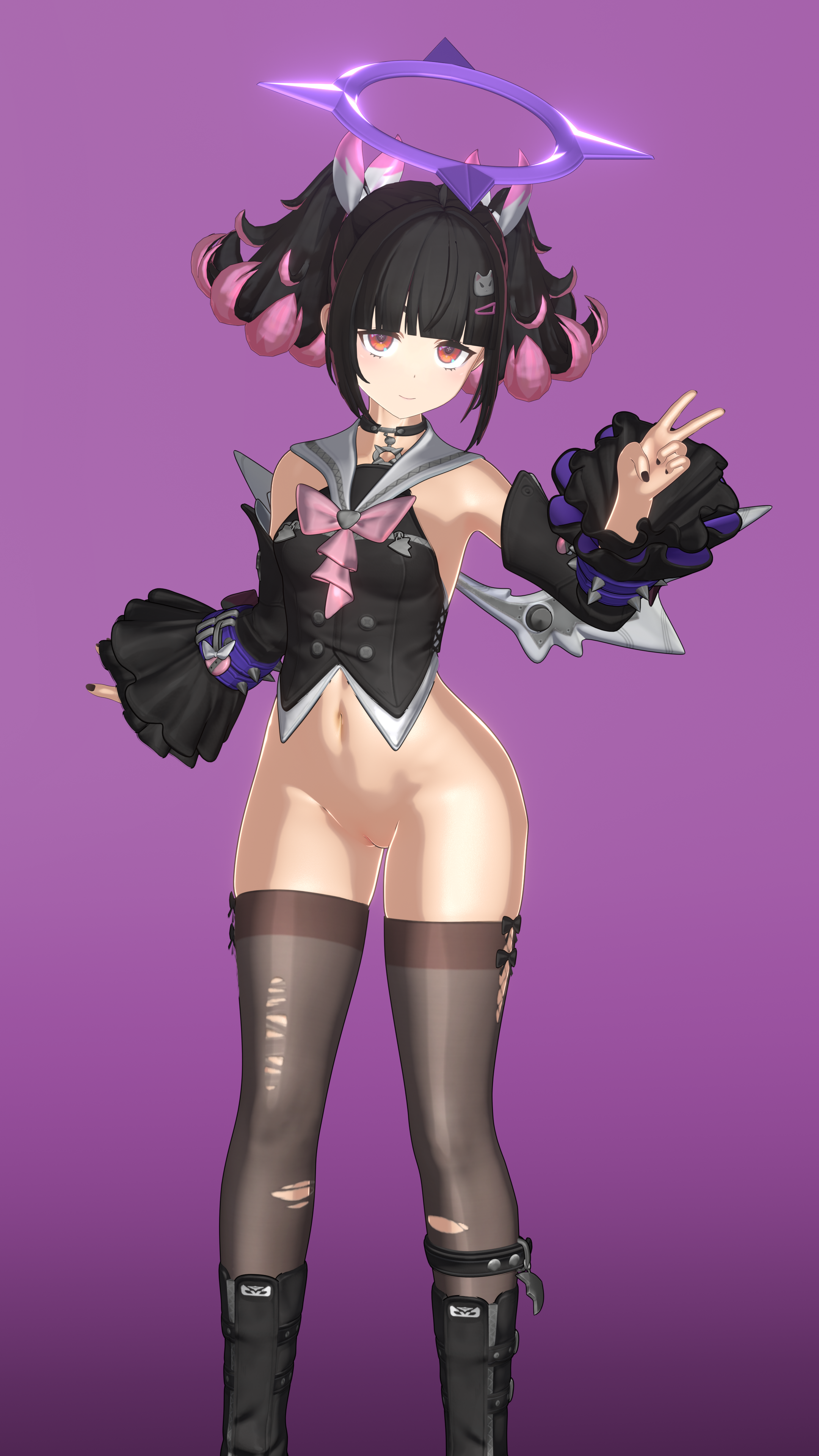 1girl, 1girls, 3d, 4k, angels of delusion, black hair, black nails, blender, boots, bottomless, butt, colored nails, cute, cute expression, female, nangong yu (rhapsody's muse) (zenless zone zero), nangong yu (zenless zone zero), navel, nude, nude female, painted nails, perfect pussy, petite, pink hair, ripped stockings, sleeves, solo, spuds77, thighhighs, thighs, wings, zenless zone zero