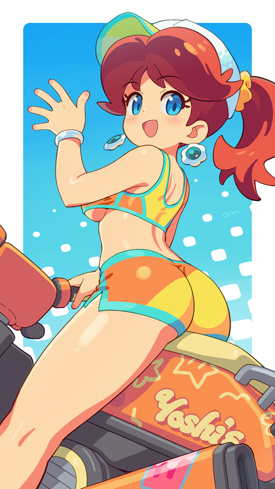 :d, 1girl, aqua trim, ass, baseball cap, bikini, bikini shorts, blue eyes, blush, blush lines, blushing, bracelet, bracelets, breasts, brown hair, commentary request, earrings, english text, flower earrings, from behind, hair up, hat, high ponytail, jewelry, looking at viewer, mario (series), mario kart, mario kart world, medium breasts, motor vehicle, motorcycle, nintendo, om (nk2007), on motorcycle, open mouth, orange bikini, ponytail, princess daisy, princess daisy (swimwear), princess daisy (swimwear) (mario kart world), shorts, sitting, smile, solo, swimsuit, thighs, underboob