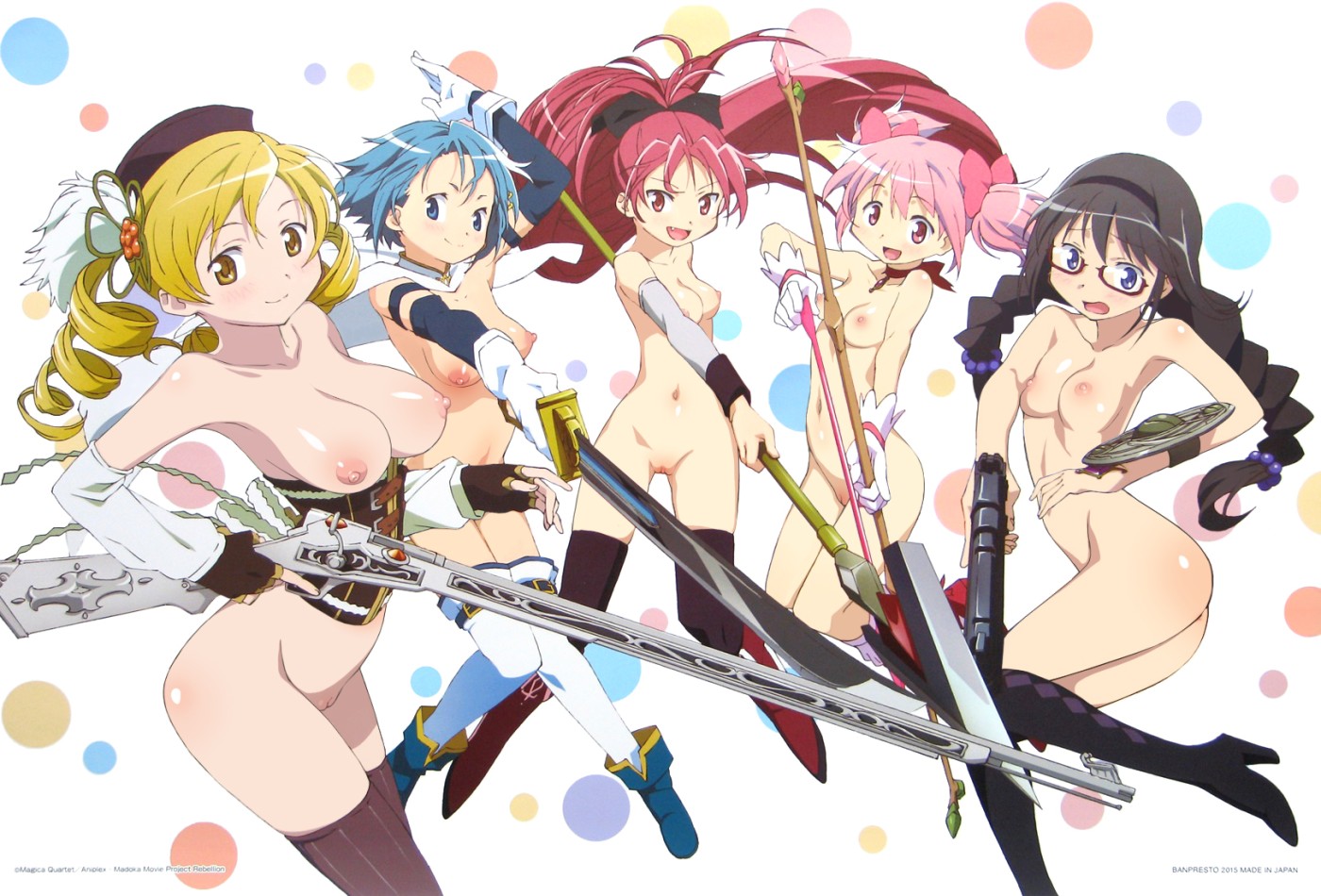 akemi homura, artist request, big breasts, big thighs, black hair, blue eyes, blue hair, bow, bow and arrow, braided hair, breasts, cape, completely naked, completely nude, drill hair, edit, edited, female, female focus, female only, gloves, gun, hair ornament, hair ribbon, heroine, human, long hair, madoka kaname, magical girl, mahou shoujo madoka magica, medium breasts, miki sayaka, multiple females, multiple girls, nude, nude edit, nude female, nude filter, pink eyes, pink hair, pink ribbon, purple eyes, red eyes, red hair, ribbons, sakura kyouko, short hair, small breasts, smile, spear, sword, thick thighs, thigh high boots, thighhighs, thighs, tomoe mami, twin braids, twintails, yellow eyes, yellow hair, young