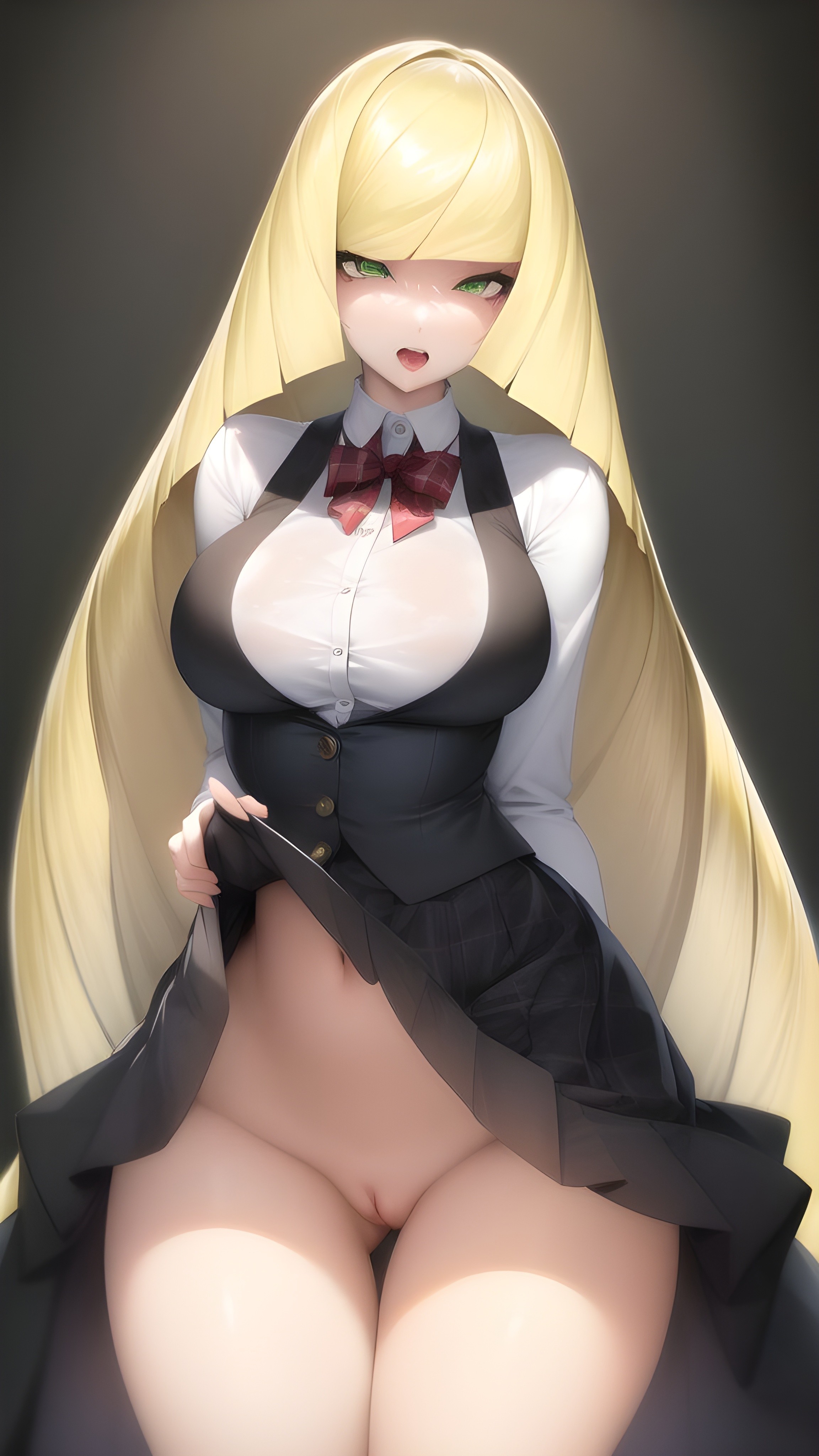 1girls, ai generated, belly, belly button, big breasts, black vest, blonde hair, breasts, cameltoe, clothed, collared shirt, female, female only, green eyes, half-closed eyes, innie pussy, light skin, light-skinned female, lusamine (pokemon), mature, mature female, milf, navel, pokemon, pokemon sm, pussy, school uniform, skirt, skirt lift, solo, tongue, tongue out, vest