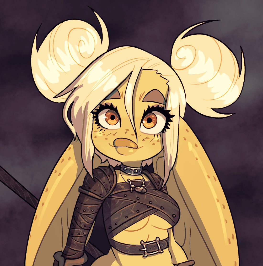 2d alternate_version_available armor big_ears big_eyes blonde_hair cropped_torso cute eyelashes female floppy_ears freckles freckles_on_ears goblin goblin_female green-skinned_female hair_buns huge_ears jack_cayless neoteny orange_eyes platinum_blonde_hair pouty_lips shoulder_armor sidelocks solo thick_lips upper_body waist_belt