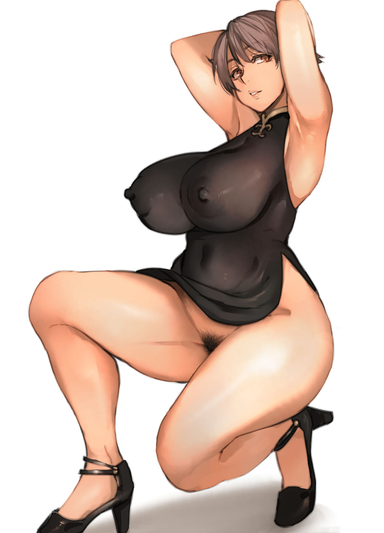 1girls, 2018, armpits, arms behind head, arms up, bare arms, bare legs, bare shoulders, black dress, breasts, brown hair, china dress, chinese clothes, clothing, covered navel, dress, erect nipples, erect nipples under clothes, eyebrows visible through hair, female, female only, full body, high heels, highres, huge breasts, looking to the side, mature female, nipples, orange eyes, orange-eyed aunt (pepe (jonasan)), original, pelvic curtain, pelvic curtain aside, pepe (jonasan), pose, pubic hair, short dress, short hair, simple background, skin tight, solo, teeth, thick thighs, thighs, tight clothing, white background