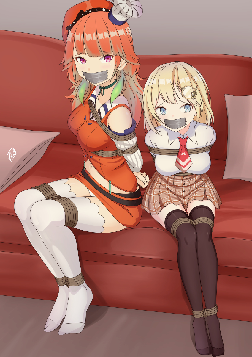 2girls bondage bound commission commission_art gag gagged hololive hololive_english hololive_myth multiple_girls rope takanashi_kiara tape_gag taped_mouth tied tied_arms tied_hands tied_up vakaosciosa virtual_youtuber watson_amelia