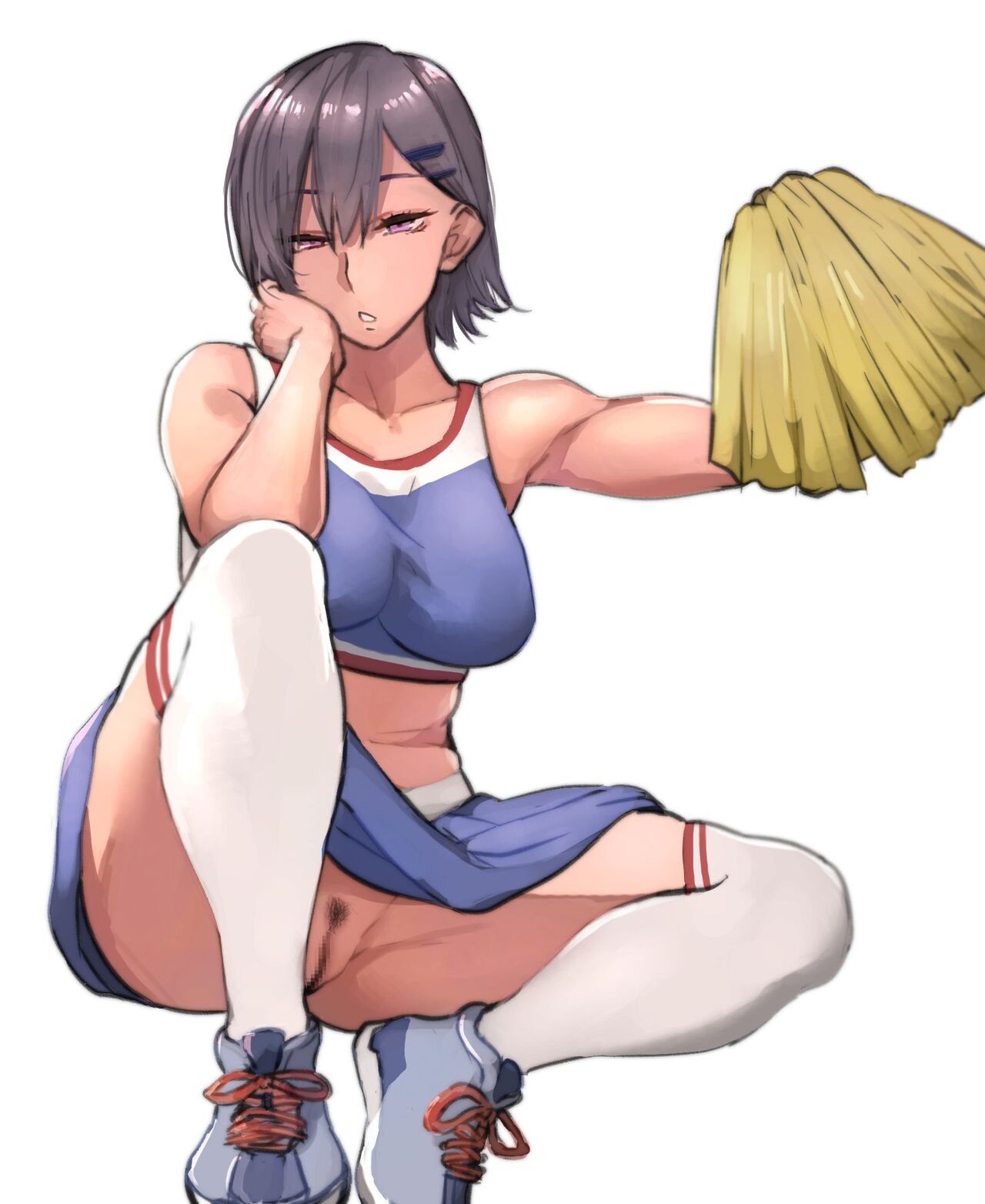 1girls, 2018, bare arms, bare shoulders, black hair, blue shirt, blue skirt, bored, breasts, censored, cheerleader, cheerleader uniform, clothing, crop top, eyebrows visible through hair, female, female only, hair between eyes, hairclip, highres, large breasts, looking at viewer, midriff, no panties, original, pepe (jonasan), pink eyes, pom poms, pubic hair, pussy, shirt, shoes, short hair, simple background, skirt, sleeveless, sleeveless shirt, solo, squatting, thick thighs, thighhighs, thighs, tiptoes, uniform, unmotivated little sister (pepe (jonasan)), white background