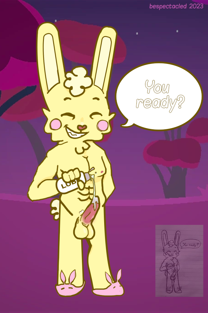 anthro athletic balls bespectacled cuddles_(htf) dialogue fur genitals happy_tree_friends lagomorph leporid lube lube_bottle lube_drip male mammal nipples outside penis rabbit redraw rosy_cheeks slippers smile solo speech_bubble yellow_body yellow_fur