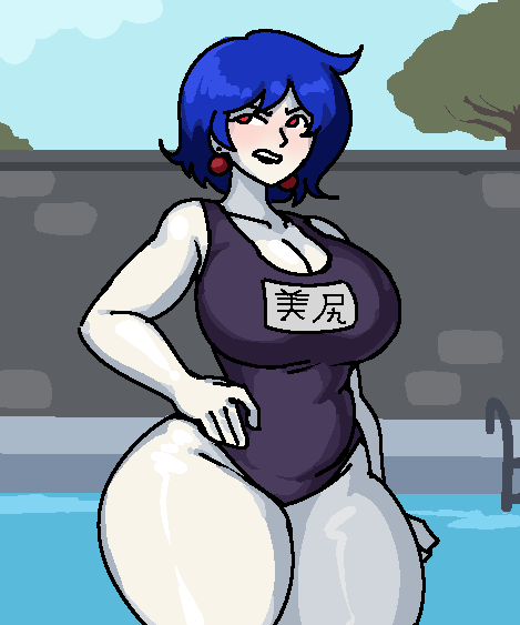 1girls bare_thighs big_ass big_boobs big_breasts black_lipstick blue_hair blush cave_story misery_(cave_story) one-piece_swimsuit pale-skinned_female red_eyes royalmilk20 solo_female thick thick_thighs wide_hips witch