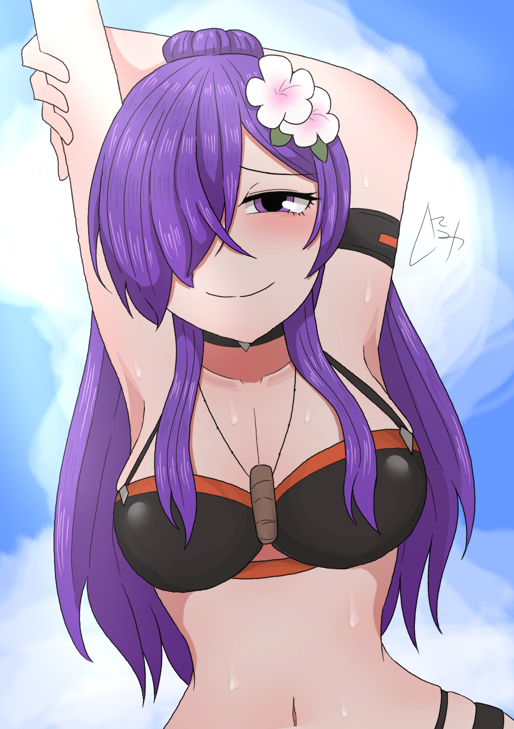 1girls alternate_costume amamitsu9 arm_behind_head armband arms_up bikini black_bikini black_swimsuit blue_sky blush breasts choker cleavage cloud cloudy_sky collarbone female female_only fire_emblem fire_emblem:_three_houses fire_emblem_heroes fire_emblem_warriors:_three_hopes flower hair_flower hair_ornament hair_over_one_eye hand_on_own_arm highres hourglass_figure jewelry long_hair navel necklace nintendo official_alternate_costume ponytail purple_eyes purple_hair shez_(female)_(fire_emblem) shez_(fire_emblem) signature sky smile solo stomach sweat swimsuit upper_body