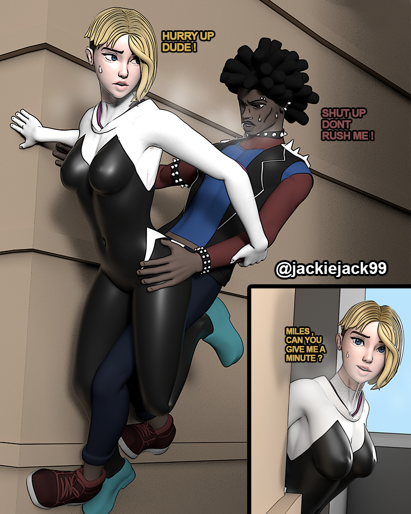 1boy 1girls 3d blonde_hair cheating cheating_female cheating_girlfriend clothed clothed_female clothed_sex dark-skinned_male dark_skin english_text female from_behind from_behind_position gwen_stacy hidden_sex hobart_brown human human_only interracial jackiejack99 light-skinned_female light_skin male marvel miles_morales netorare ntr pale-skinned_female pale_skin penetration sex spider-gwen spider-man spider-man:_across_the_spider-verse spider-man_(series) spider-punk stealth_sex straight suit text