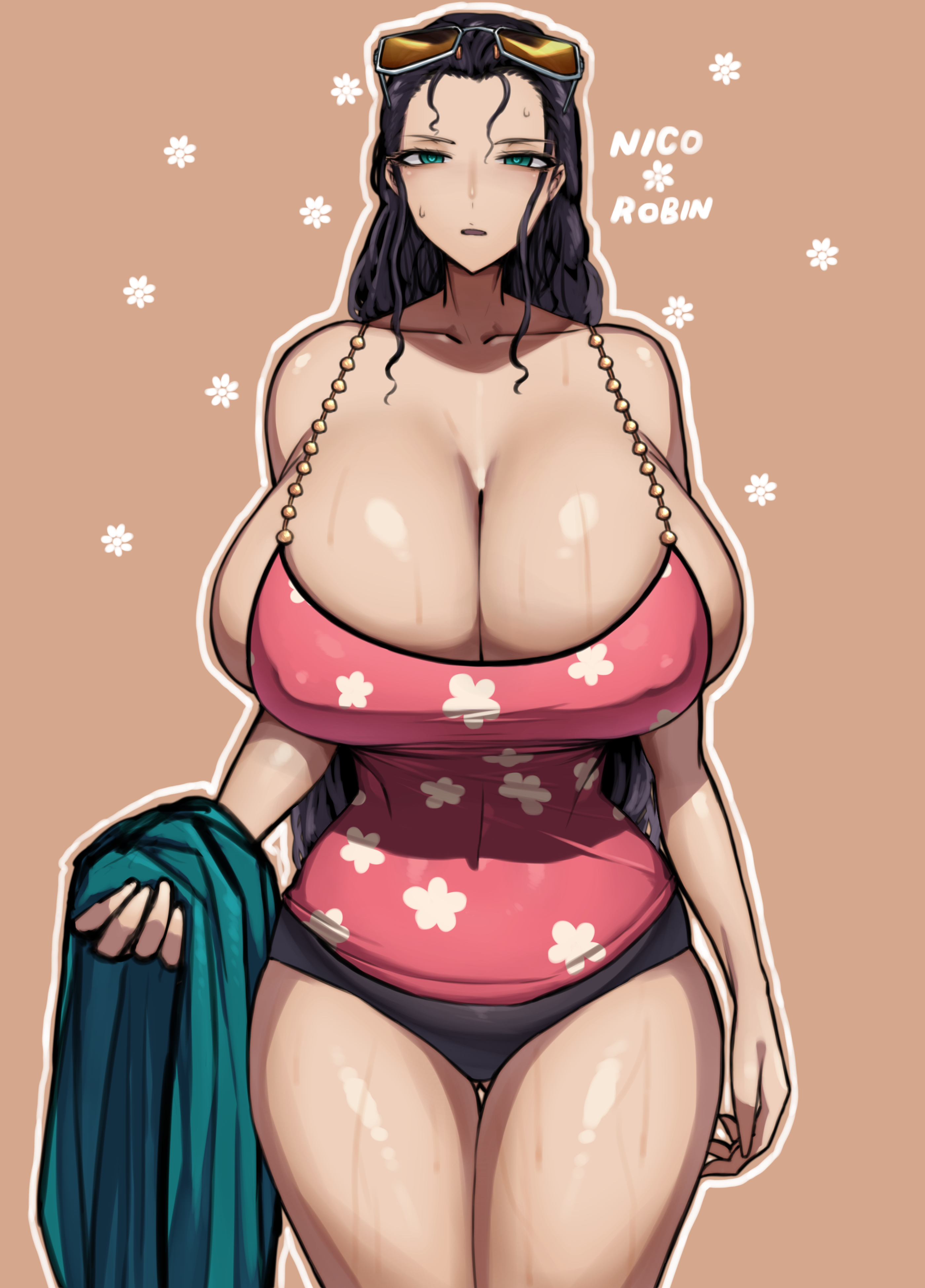 1girls, black hair, blue eyes, breasts, cleavage, female, female only, hips, huge breasts, light skin, light-skinned female, long hair, nico robin, one piece, post-timeskip, punk hazard, sundress, sunglasses, sunglasses on head, thick thighs, thighs, wide hips, wolffeld price