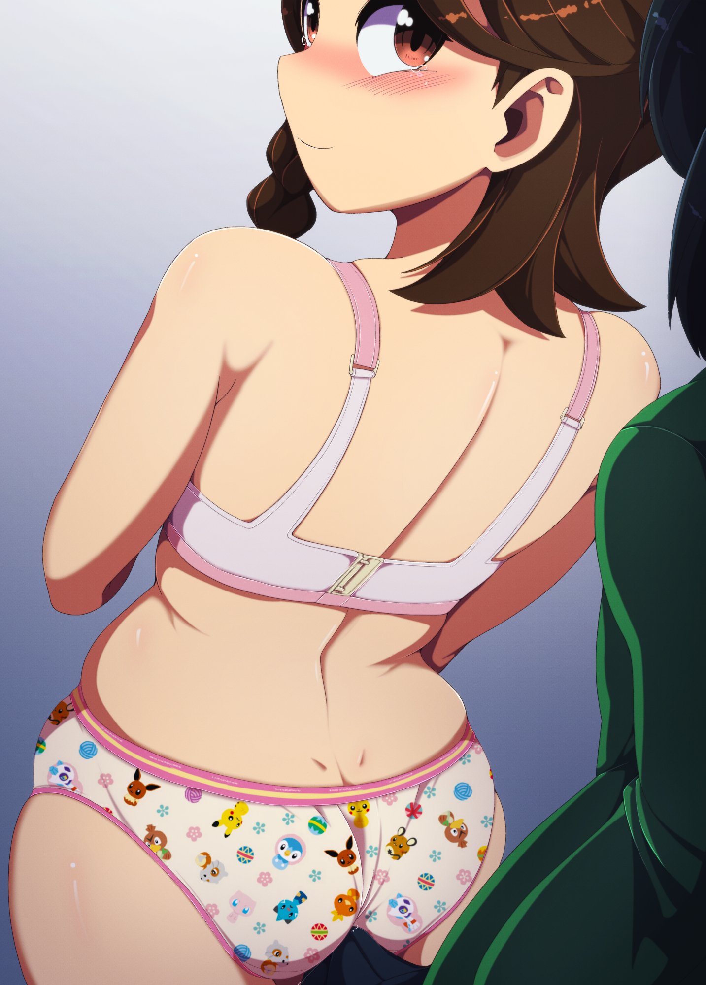 1boy, 1girls, ass, black hair, blush, blushing, bra, brown hair, bulge, childish panties, erection, erection under clothes, euf-dreamer, female, juliana (pokemon), male, nintendo, panties, pokemon, pokemon panties, pokemon sv, print panties, red eyes, smile, smiling, underwear