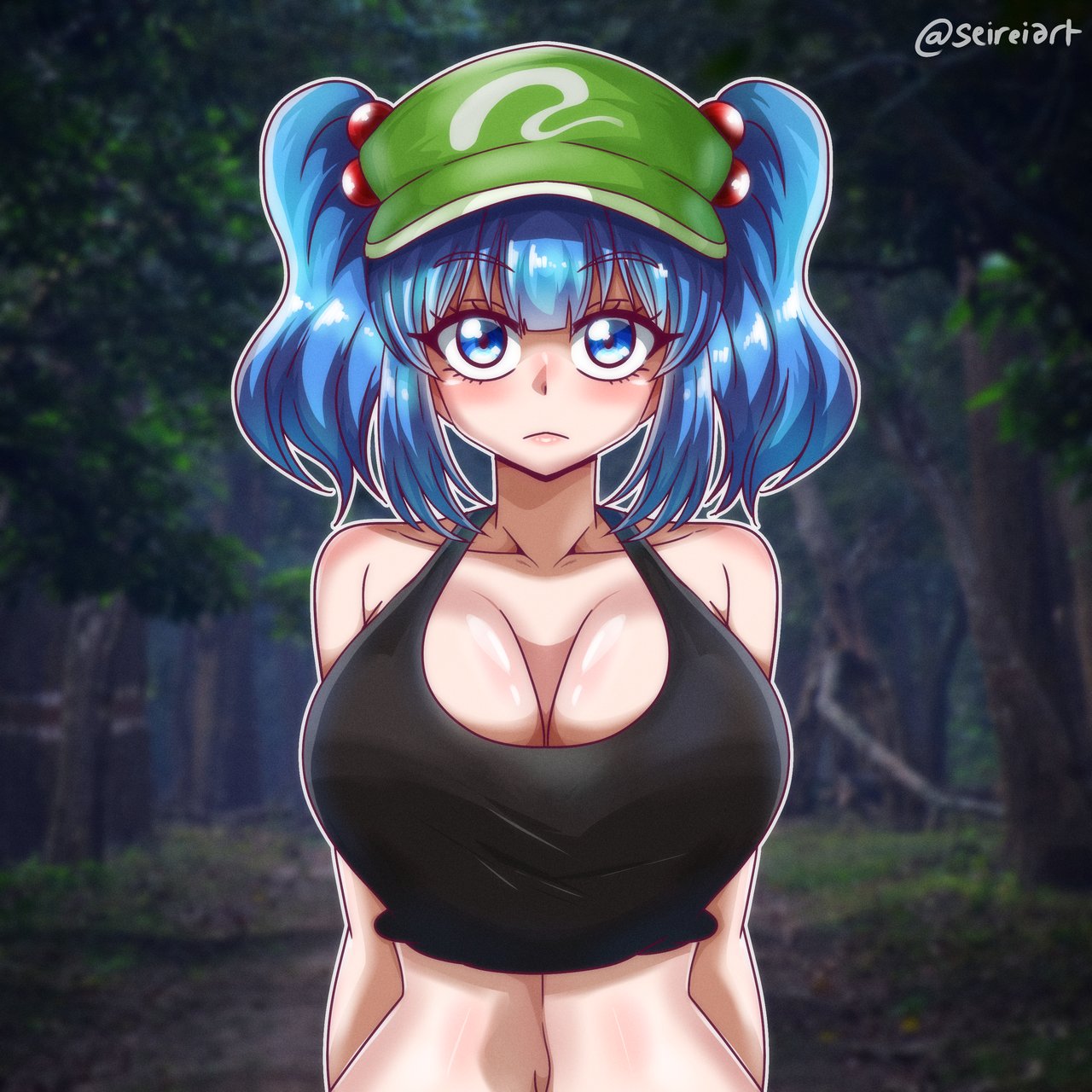 1girls :( big_breasts blue_eyes blue_hair blurry_background cleavage curvy curvy_female hat light-skinned_female nitori_kawashiro seireiart shaded tank_top touhou twintails watermark