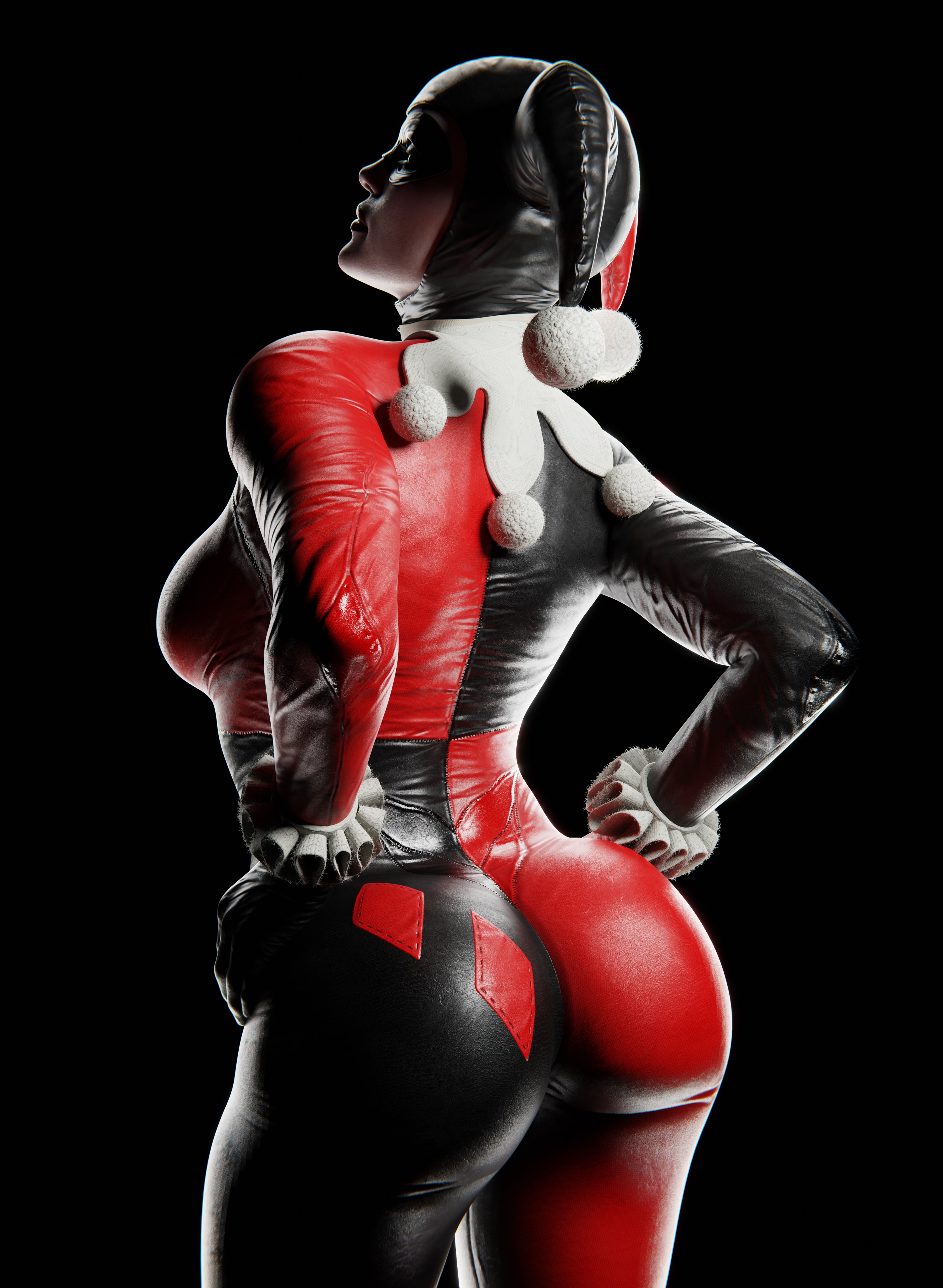 3d, ass, ass focus, ass up, batman (series), batman: arkham knight, blender, clown, dc, dc comics, female, gretdb, harley quinn, harley quinn (classic), harley quinn (injustice), injustice 2, latex, latex suit, solo, tagme, thick, thick ass, thick hips, thick legs, thick thighs