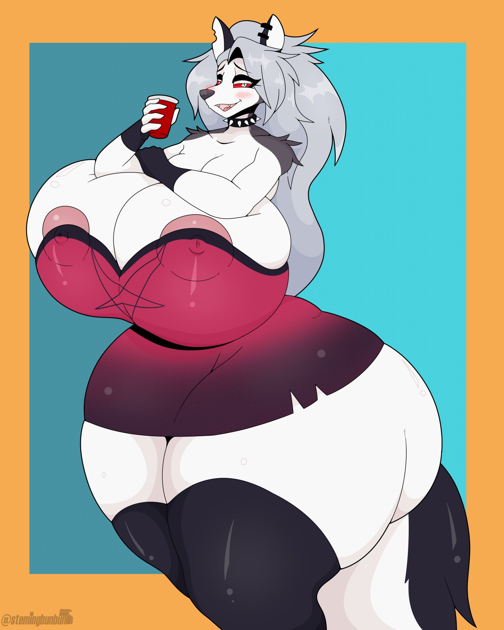 1girls, ass, barely clothed, big ass, big breasts, breasts, breasts bigger than head, clothed, dress, female, helluva boss, loona (helluva boss), nipples visible through clothing, stemingbunbun