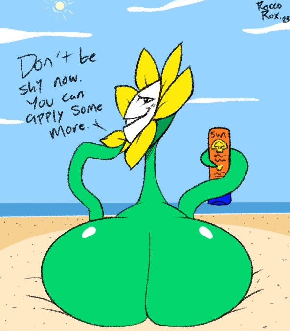 1boy 2d 2d_(artwork) 2d_artwork ass beach big_ass big_butt butt color dialogue english english_dialogue english_text fat_ass fat_butt femboy flower flowey_the_flower flowey_with_nothing_else_but_a_massive_ass huge_ass huge_butt looking_at_viewer looking_back looking_back_at_viewer male male_only roccorox smug solo sunscreen talking_to_viewer text thick_ass thick_butt toby_fox undertale undertale_(series)