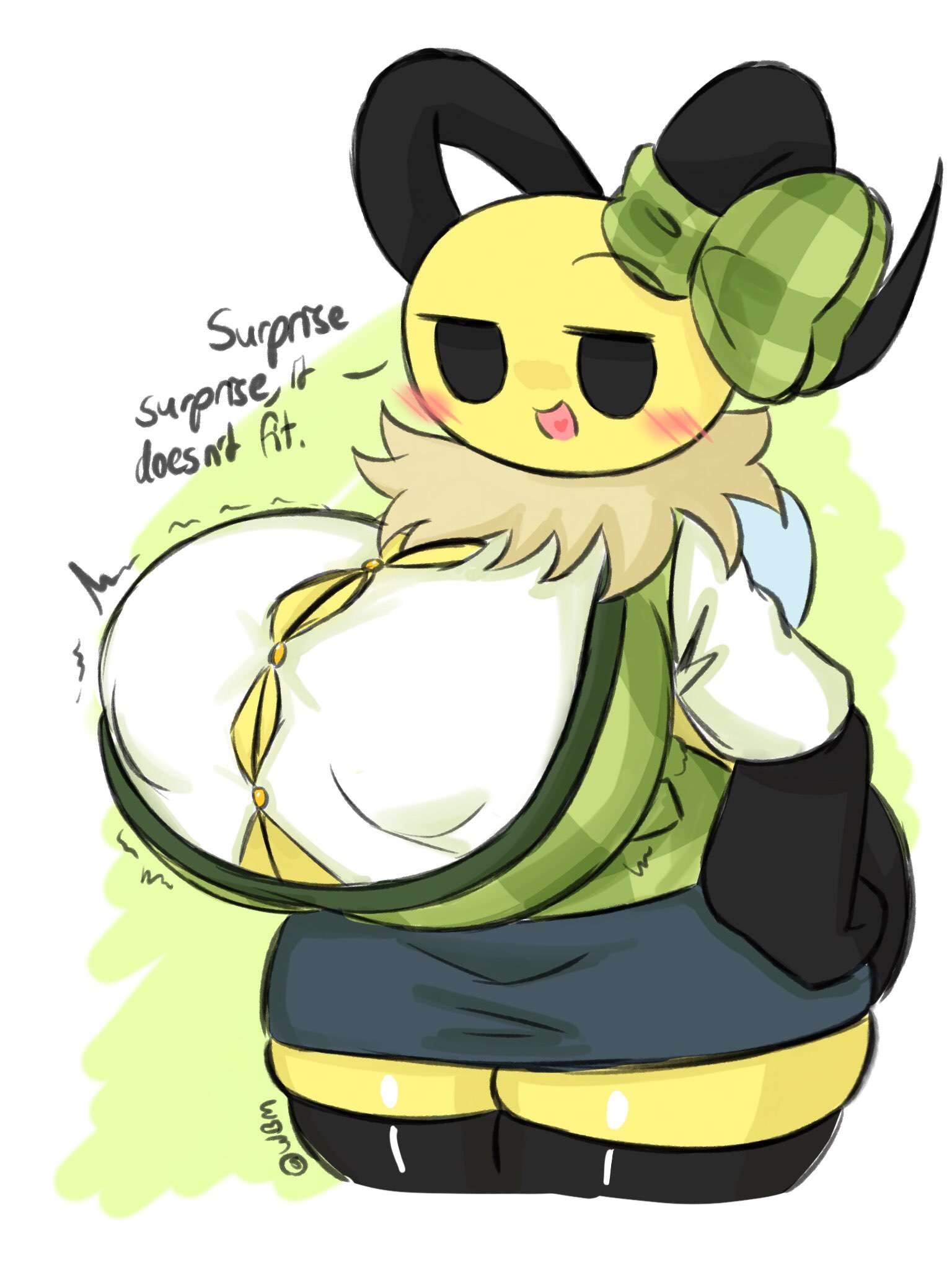 annabee_(woebeeme) bee big_breasts button_down_shirt cosplay dialogue isabelle_(animal_crossing)_(cosplay) plaid thick_thighs woebeeme