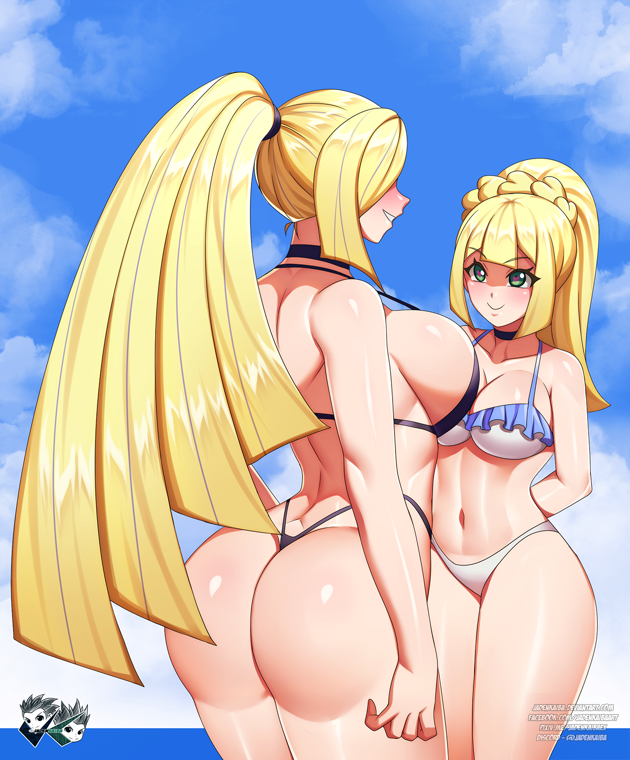 1futa, 1girls, age difference, aged up, ass, back, back view, big breasts, bikini, blonde hair, breasts, clothed, clothing, duo, female, futa with female, futanari, green eyes, heart-shaped pupils, huge ass, human, human only, imminent sex, implied futa, incest, intersex, jadenkaiba, large breasts, light skin, light-skinned female, light-skinned futa, lillie (pokemon), long hair, lusamine (pokemon), milf, mostly nude, mother and child, mother and daughter, nintendo, older futa, outdoors, parent, parent and child, parent and daughter, png, pokemon, pokemon sm, standing, textless, thick thighs, wide hips, younger female