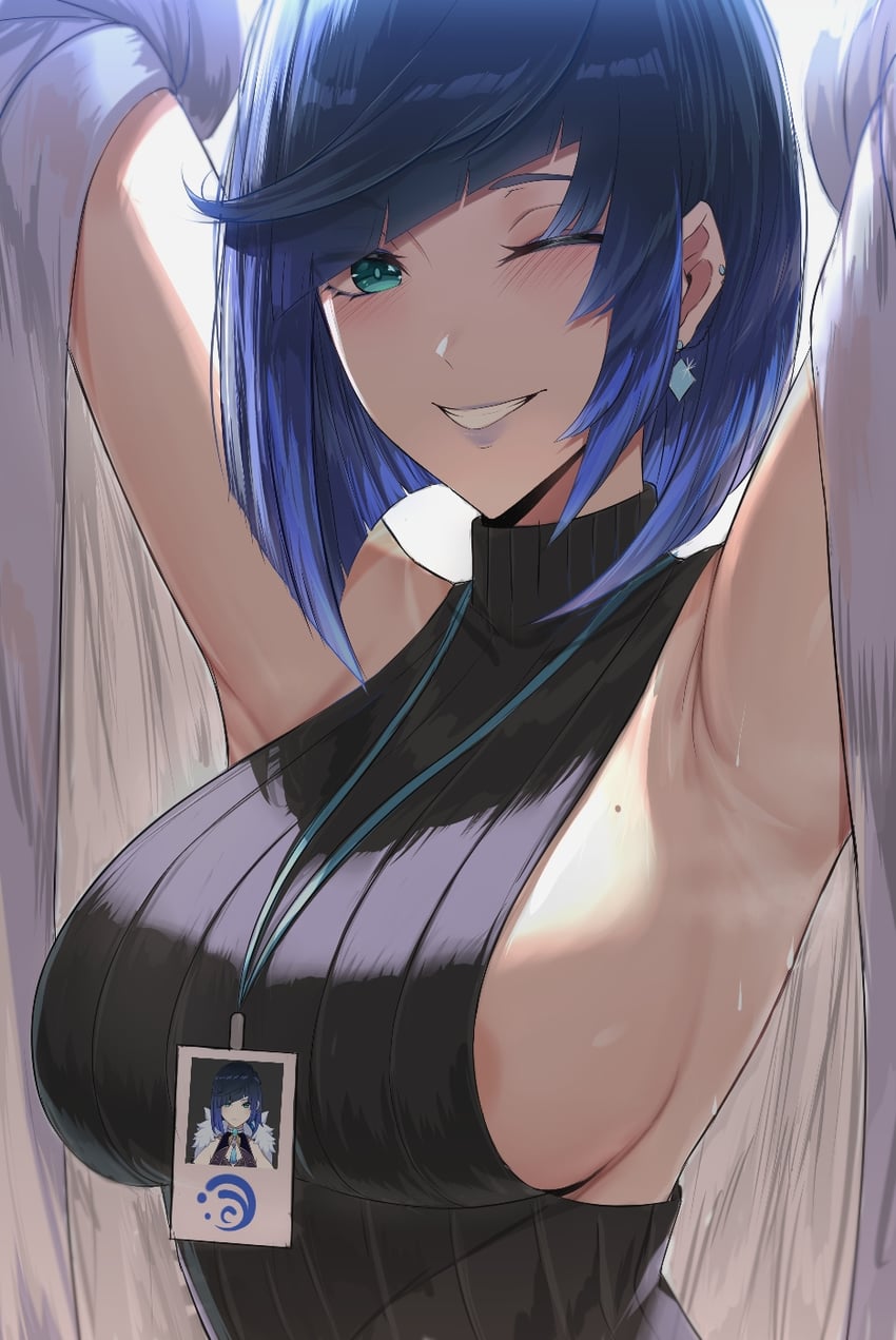 1girls, armpits, blue hair, breasts, female, genshin impact, hands up, looking at viewer, micchan (micchanmeido), office lady, one eye closed, sideboob, smile, sweater, visible nipples, yelan (genshin impact)