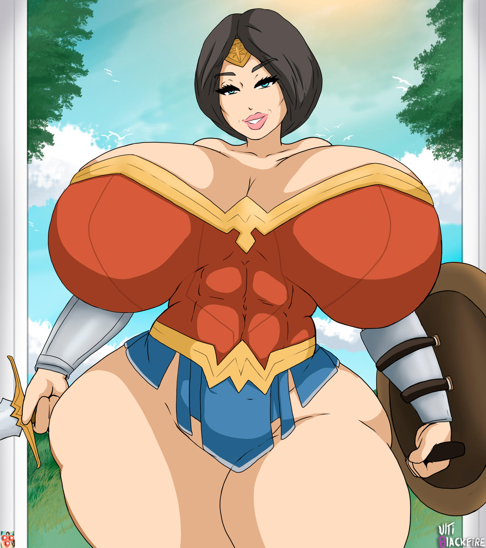 1girls, abs, big breasts, black hair, blue eyes, breasts, dc, dc comics, diana prince, female, female focus, female only, heroine, huge breasts, hyper breasts, looking at viewer, mature female, milf, princess, royalty, solo, standing, superheroine, thick, ultiblackfire, voluptuous, wonder woman, wonder woman (series)