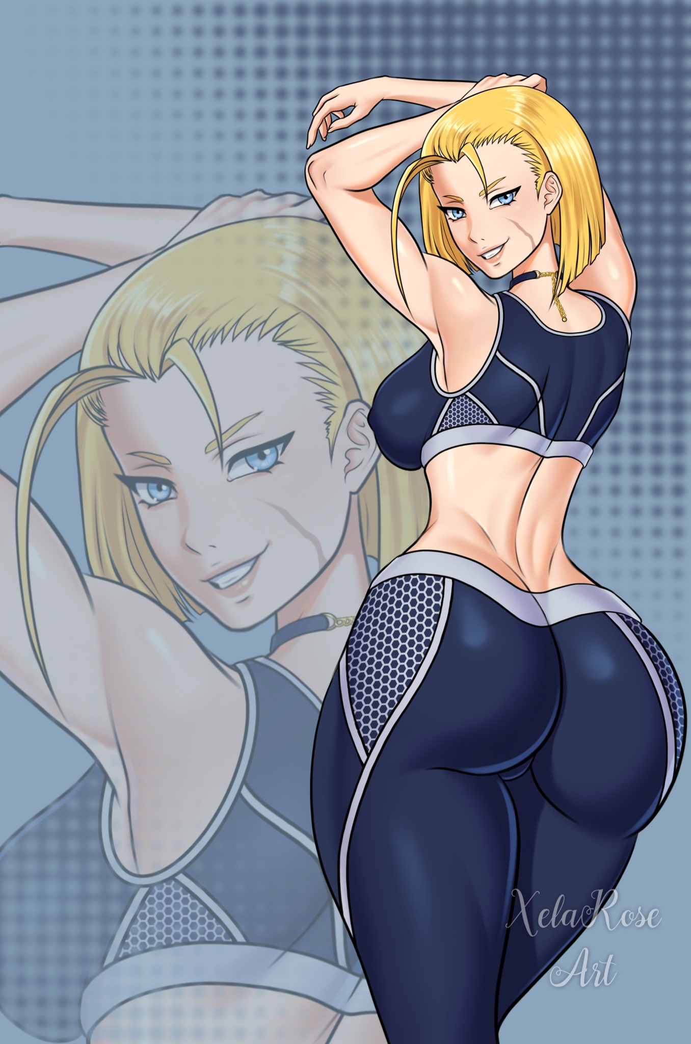 1girls, ass, back, back view, big ass, big breasts, blonde hair, blue eyes, bottomwear, breasts, cammy white, capcom, female, female only, hips, huge ass, lips, neckwear, pants, smile, solo, solo female, sports bra, sports uniform, sportswear, street fighter, thighs, topwear, xelaroseart