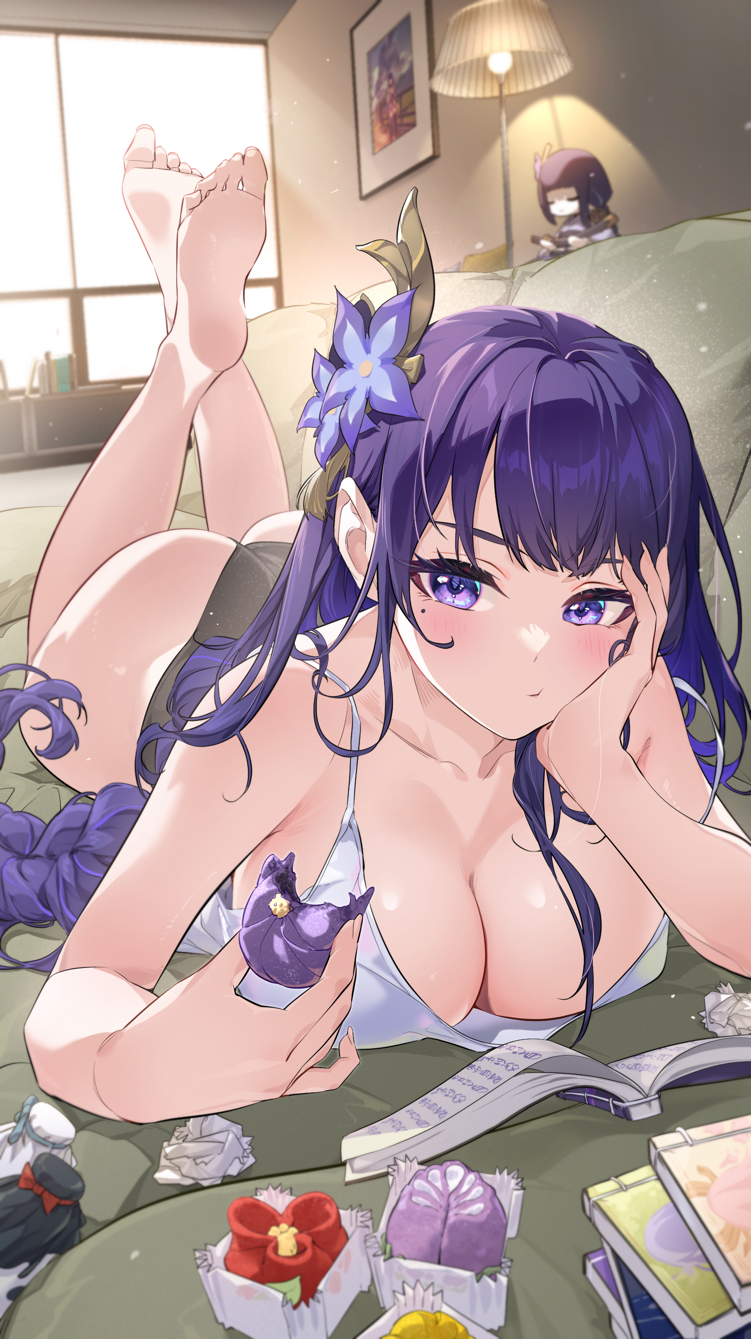 1girls, ass, big ass, big breasts, breasts, cleavage, female, female only, genshin impact, hair ornament, indoors, jjjsss, large breasts, long hair, looking at viewer, lying, mole, mole under eye, on stomach, panties, purple eyes, purple hair, raiden shogun, solo, solo female, thick, voluptuous