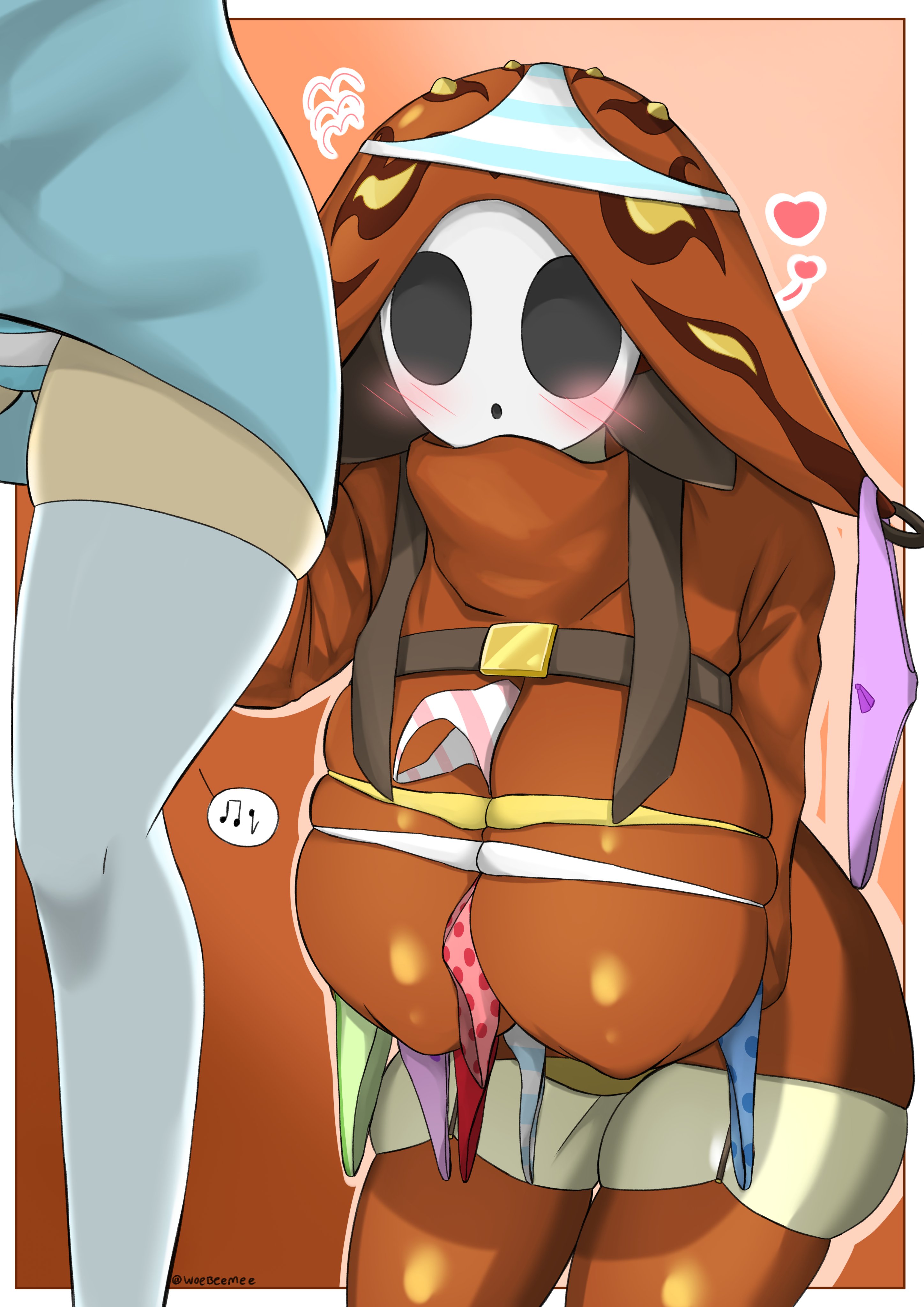 big breasts, blush, breasts, brown clothing, female, heart, hearts around head, mario (series), panties, shy gal, woebeeme
