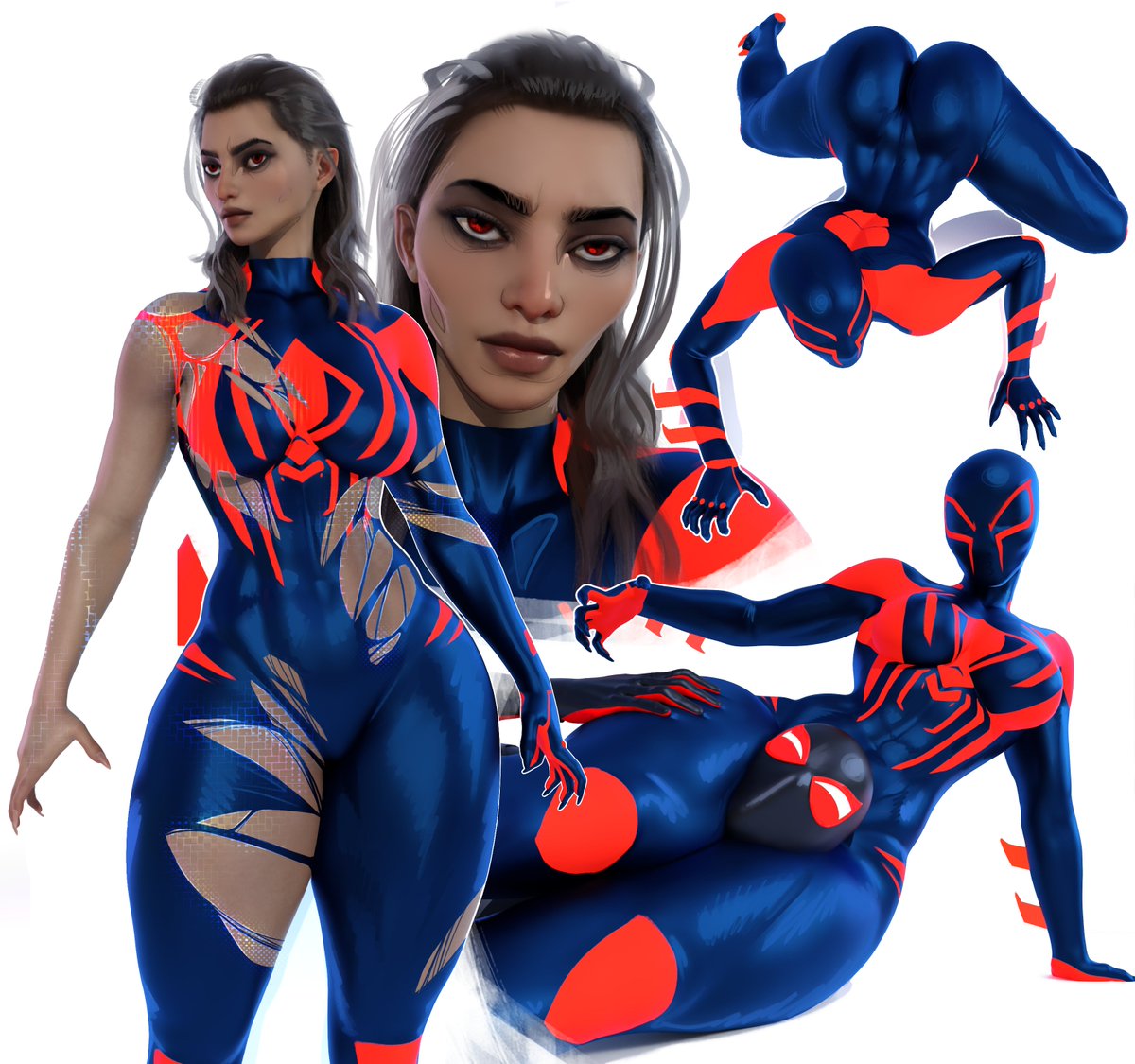 1boy 1girls 2023 3d big_breasts brown-skinned_female brown_eyes brown_skin dark-skinned_female dark_skin female genderswap genderswap_(mtf) head_between_thighs latex latex_suit male marvel miguel_o'hara miles_morales popogori red_eyes rule_63 spider-man:_across_the_spider-verse spider-man_(series) spider-man_2099 spider-woman_2099 tagme thick_thighs torn_clothes white_background