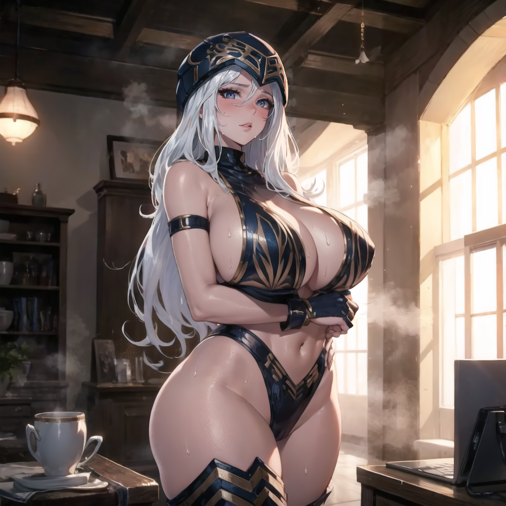 ai_generated armored_boots ashe_(league_of_legends) big_breasts bikini cixf cleavage cleavage_cutout gloves hood huge_breasts league_of_legends riot_games self_upload thighhighs white_hair