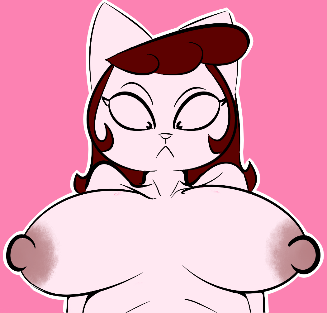 anthro areola big_areola big_breasts breasts digital_media_(artwork) domestic_cat felid feline felis female fur gold-white-kott hair looking_at_viewer maggie_(kitty_bobo) mammal nipples nude pink_body pink_fur puffy_nipples simple_background solo suprised_look