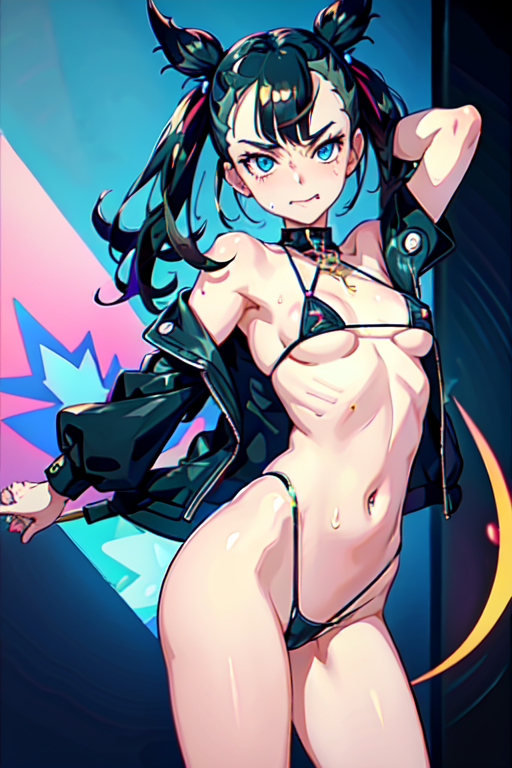 1girls 4k ai_generated ass beach big_breasts black_bikini embarrassed expressive eyes female female_only hd looking_at_viewer marnie_(pokemon) panties pokemon shy smirk smug solo standing sweat thighs underwear water young