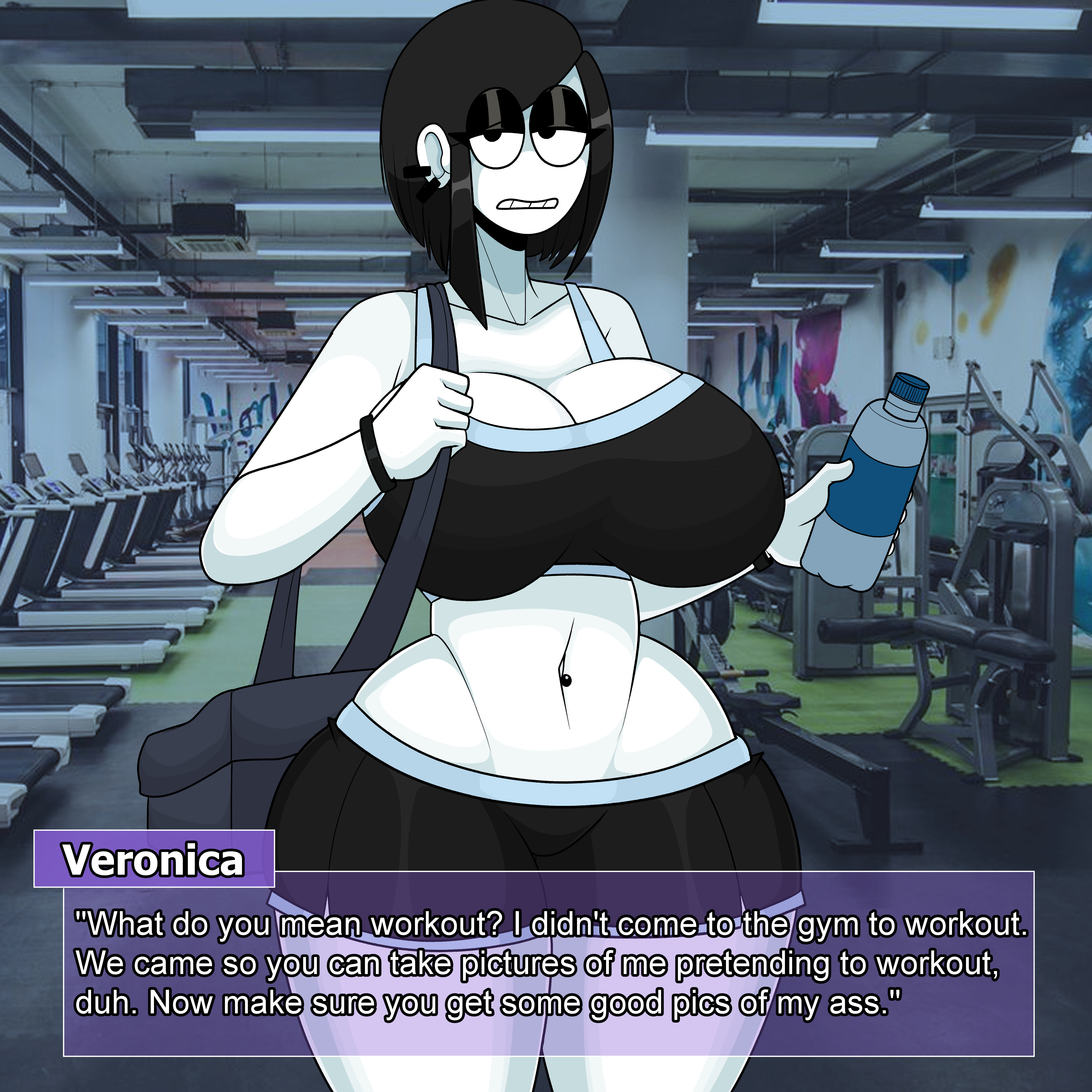 1girls, bag, big breasts, black hair, bottle, breasts, busty, clothing, crop top, ear piercing, earrings, female, female only, goth, goth girl, gym, huge breasts, indoors, large breasts, looking at viewer, navel piercing, piercing, saltynoodles, shorts, solo, talking to viewer, text box, thick thighs, treadmill, veronica (saltynoodles), white skin, wide hips